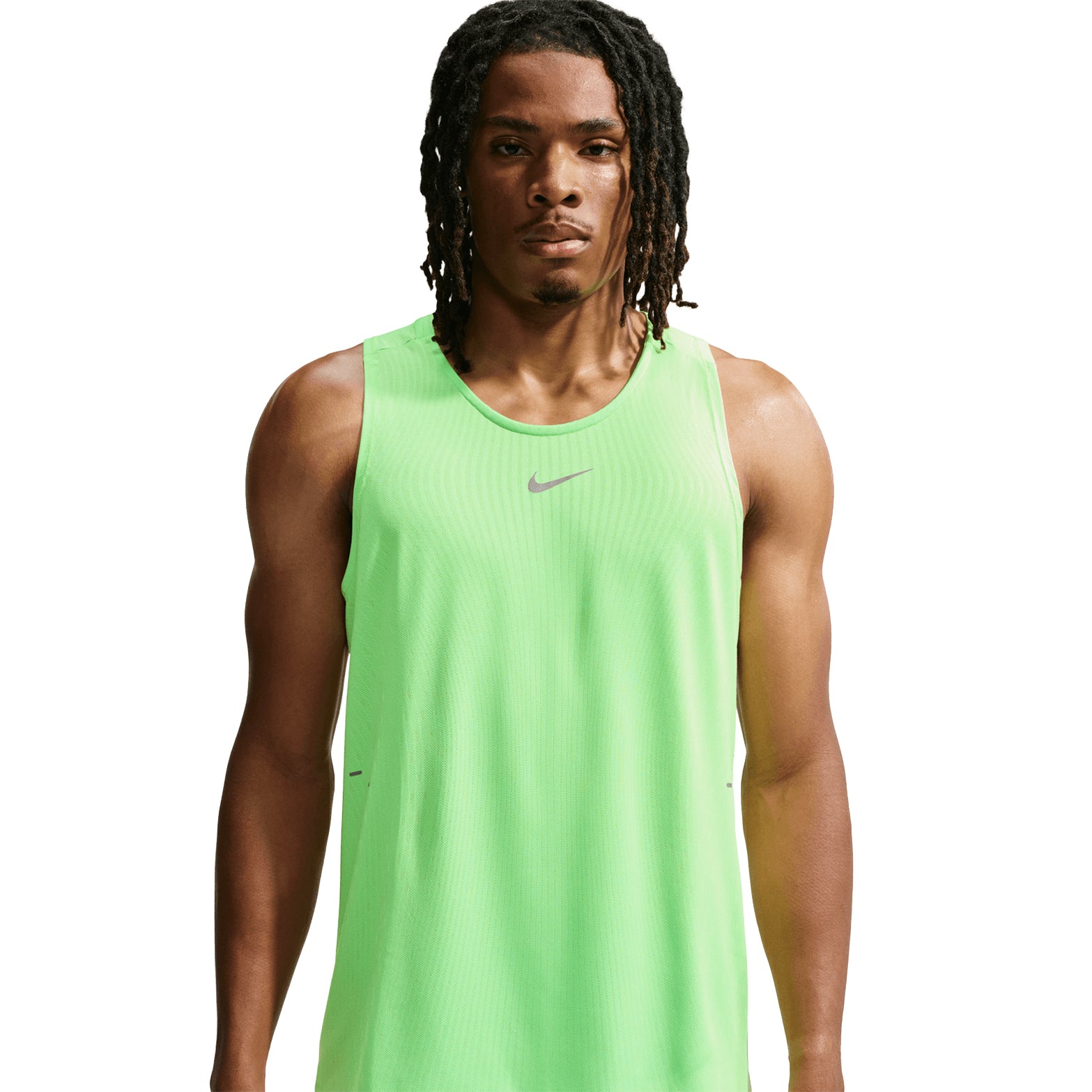 Men's Nike Aero-FIT Running Vest Volt Light Silver Reflective Silver front view on male runner showing strategic mesh zones with Aero-FIT maximum breathability technology for warm weather running