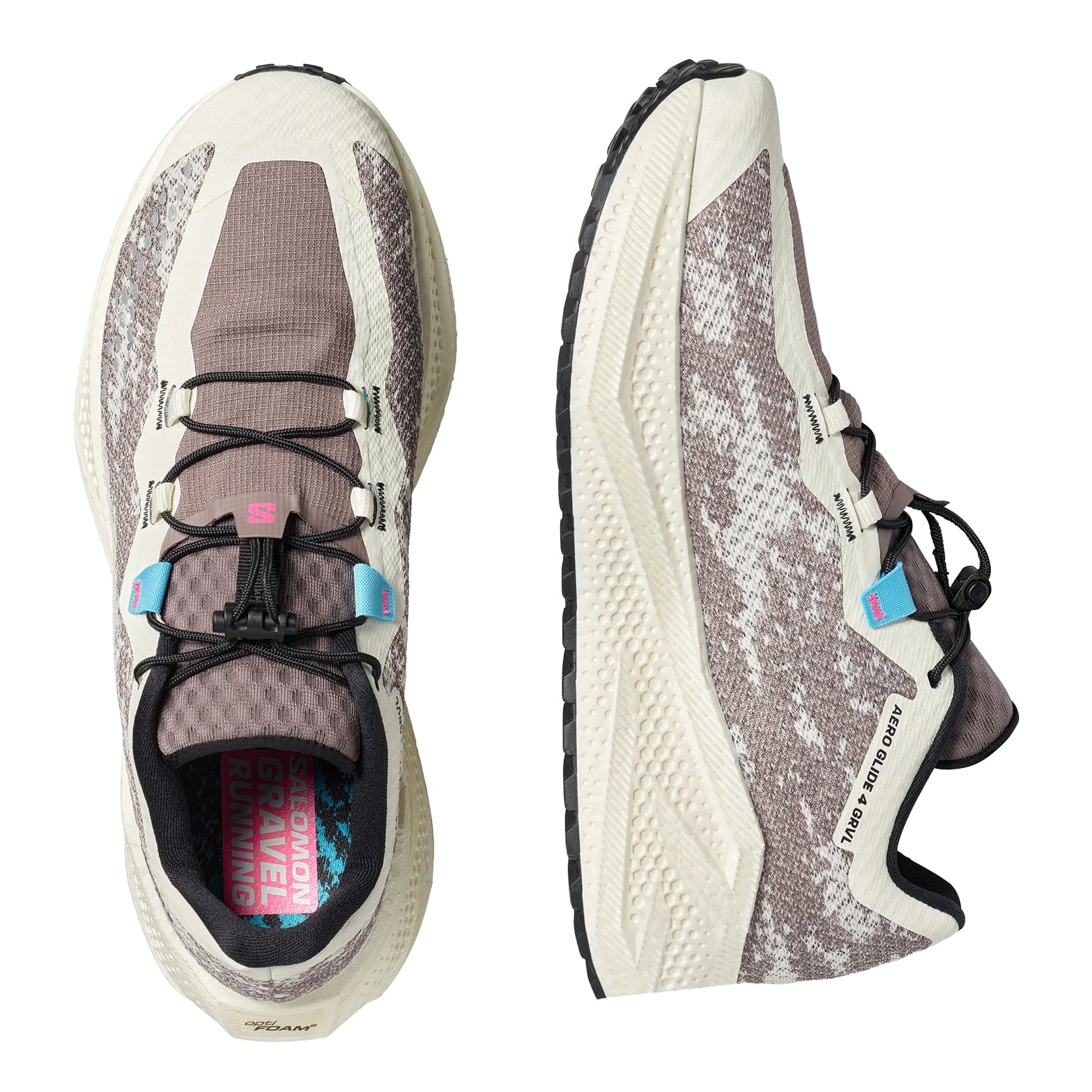 Men's Aero Glide 4 GRVL Running Shoes Vanilla Ice Black side and top view showing 3D mesh upper and quicklace system