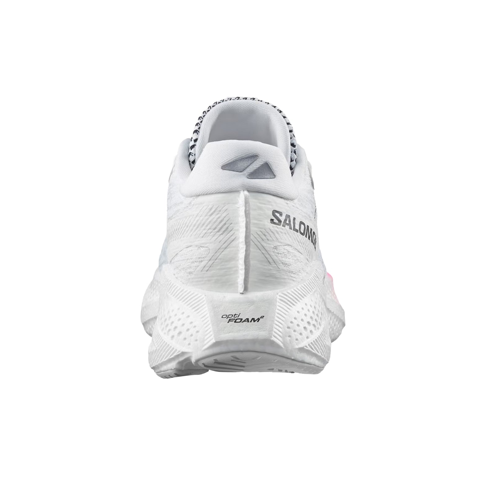 Men's Salomon Aero Glide 4 Running Shoes White White heel view showing energyFOAM cushioning stack with Reverse Camber rocker for effortless daily road running