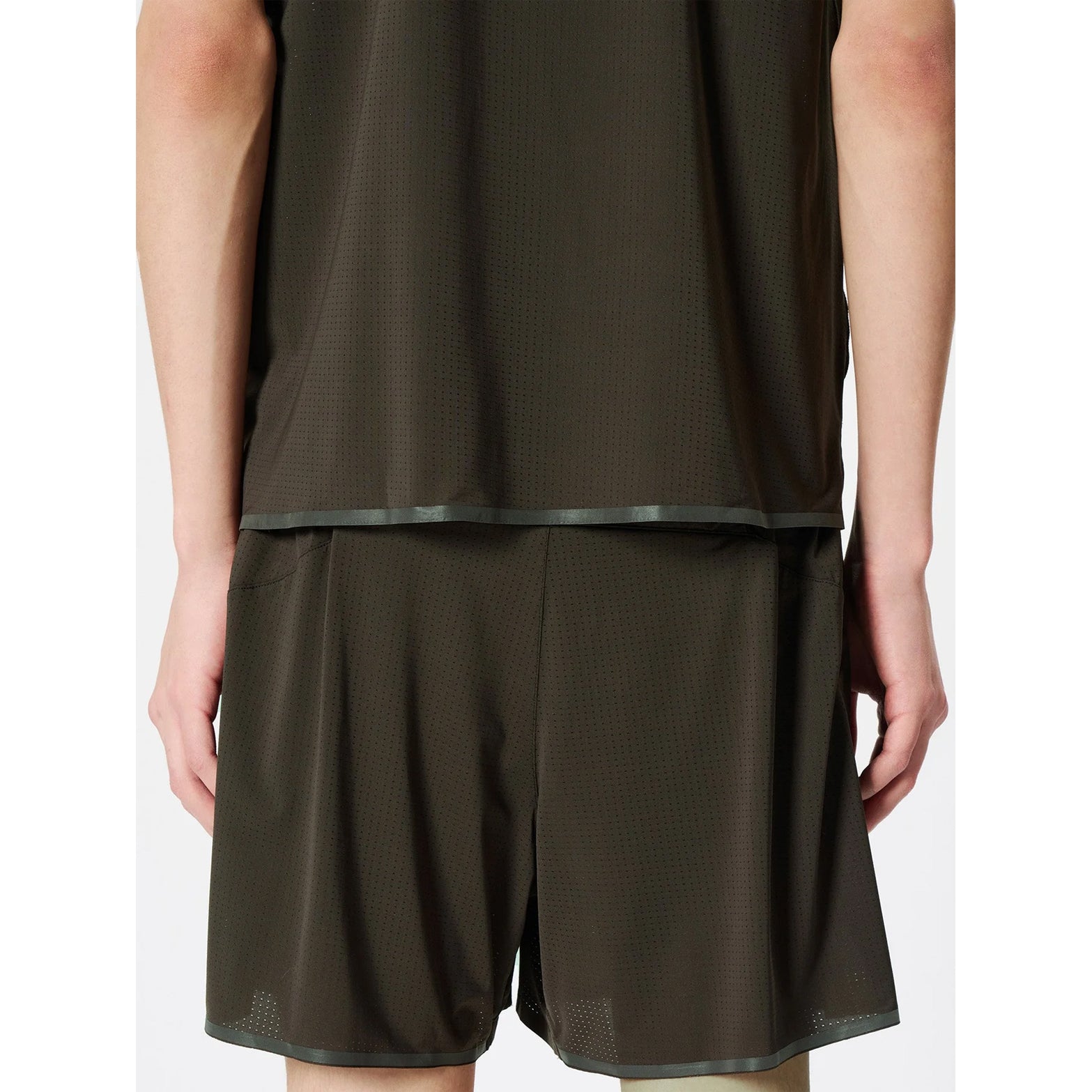 Goldwin Men's Air Pit Tank Jet Brown close-up showing Polygiene StayFresh antibacterial treatment and mesh construction detail