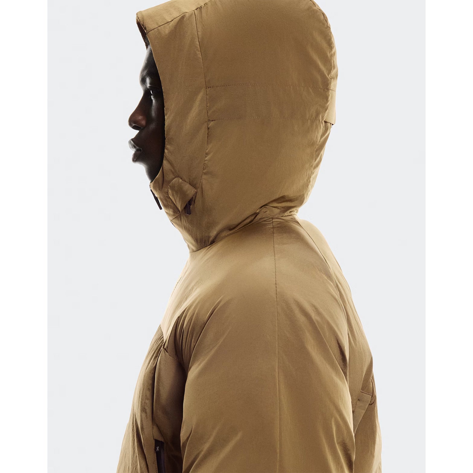 Men's All-Day Puffer Jacket Nutmeg side view with hood up showing adjustable fit and profile