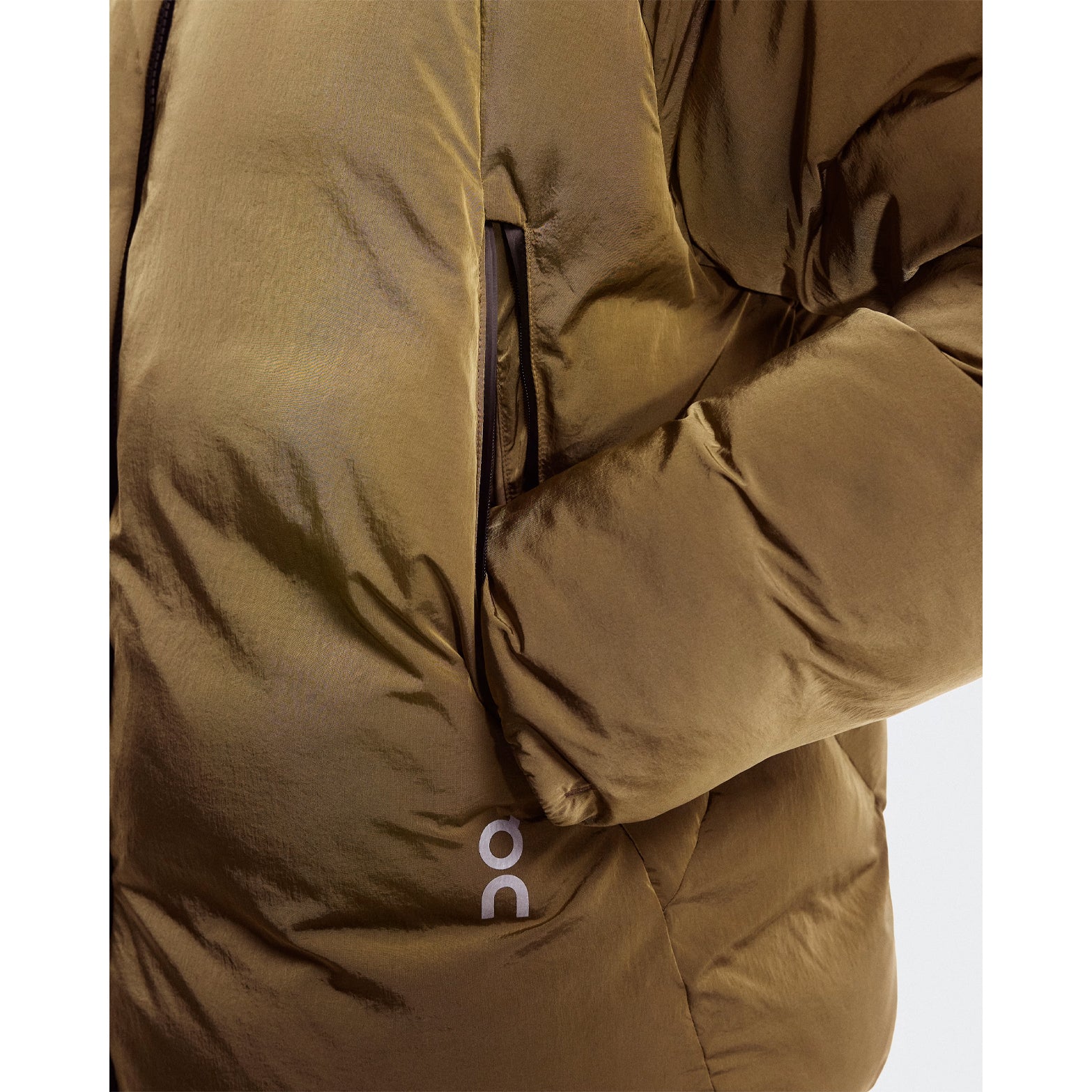 Men's All-Day Puffer Jacket Nutmeg close-up of hand in secure pocket showing practical storage design