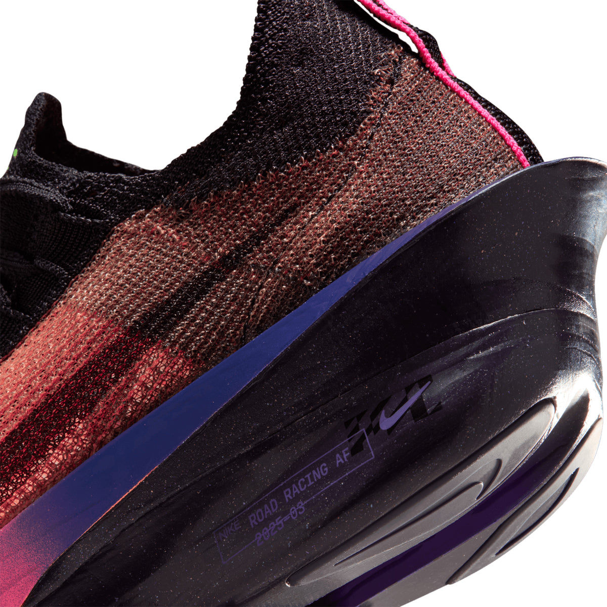 Nike Alphafly 3 GLAM men's running shoe in Orange Pulse / Purple Dynasty / Electric Green / Black — angled side view showing orange pulse Atomknit upper with purple dynasty detailing, full-length carbon fiber plate geometry and electric green fully connected ZoomX foam midsole stack