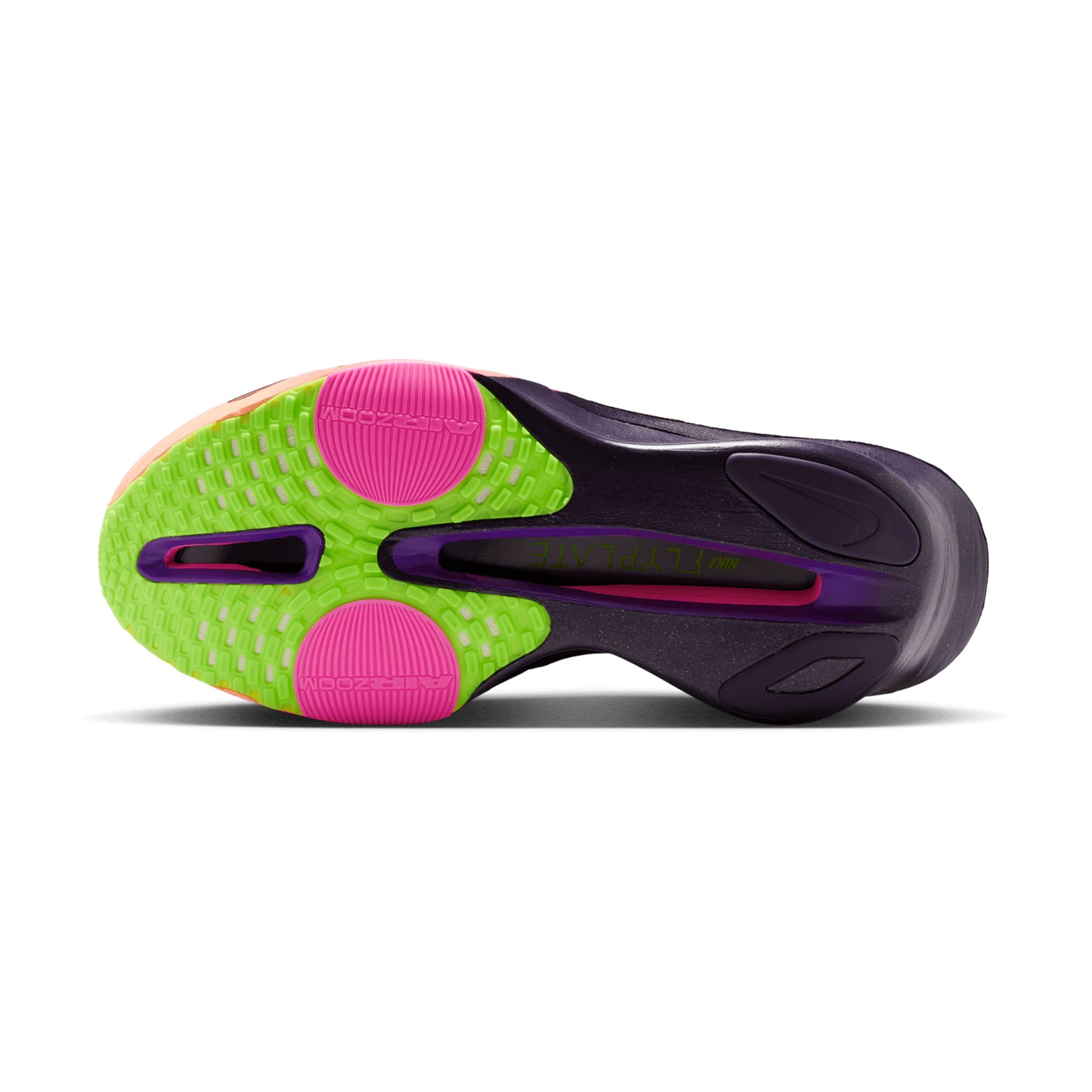Nike Alphafly 3 GLAM men's running shoe in Orange Pulse / Purple Dynasty / Electric Green / Black — outsole view showing lightweight rubber tread pattern and electric green fully connected ZoomX foam midsole stack with full-length carbon fiber plate profile