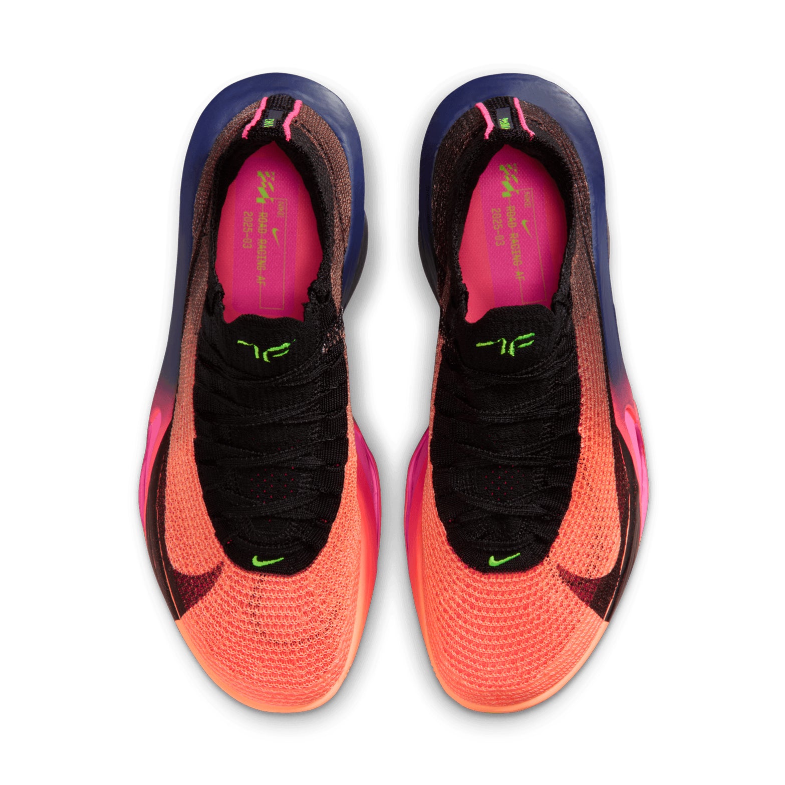 Nike Alphafly 3 GLAM men's running shoe in Orange Pulse / Purple Dynasty / Electric Green / Black — top-down view showing orange pulse Atomknit upper with multidirectional containment, notched lace system and purple dynasty accent detailing