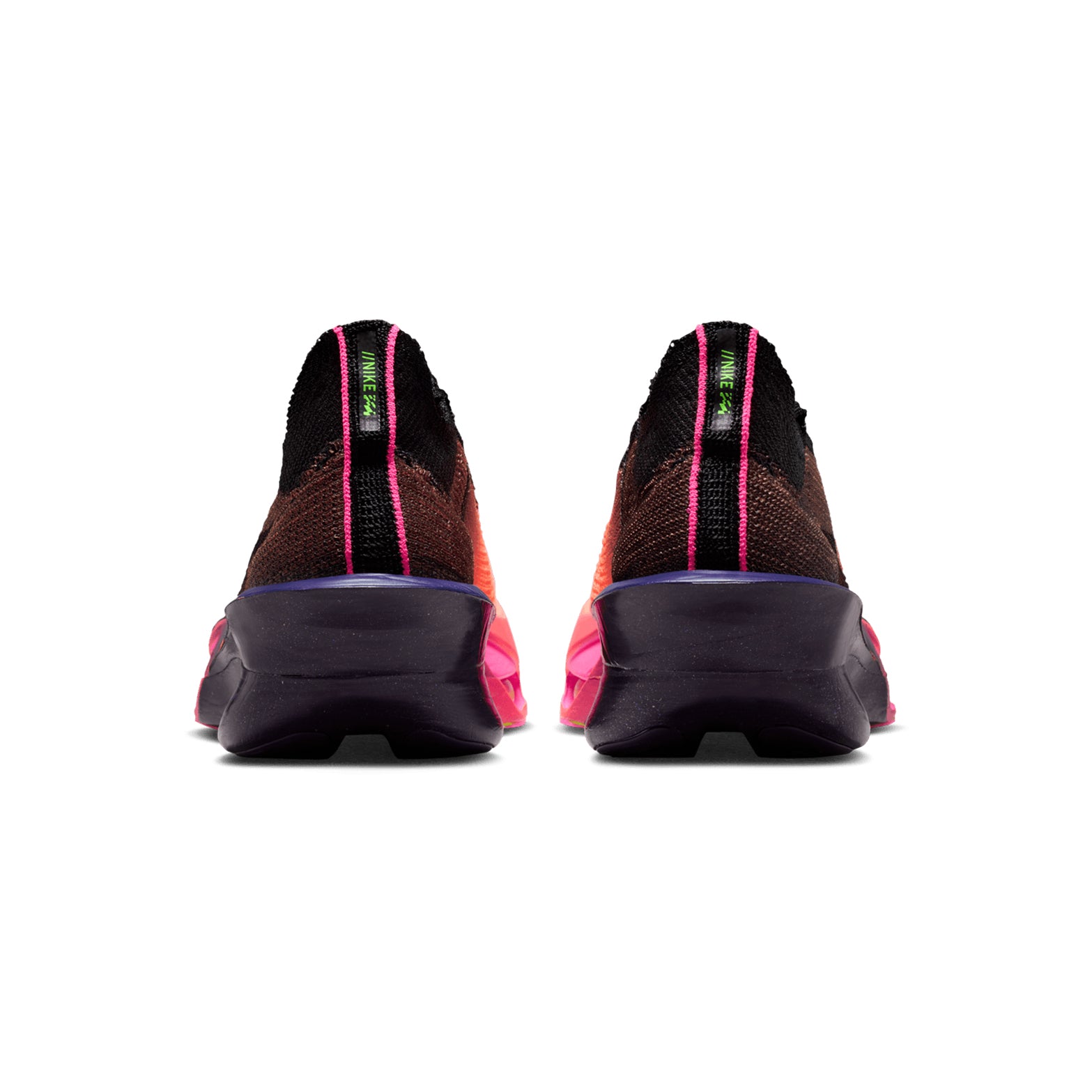 Nike Alphafly 3 GLAM men's running shoe in Orange Pulse / Purple Dynasty / Electric Green / Black — heel view showing integrated knit tongue construction, black heel detailing and electric green dual forefoot Air Zoom ZoomX midsole contrast