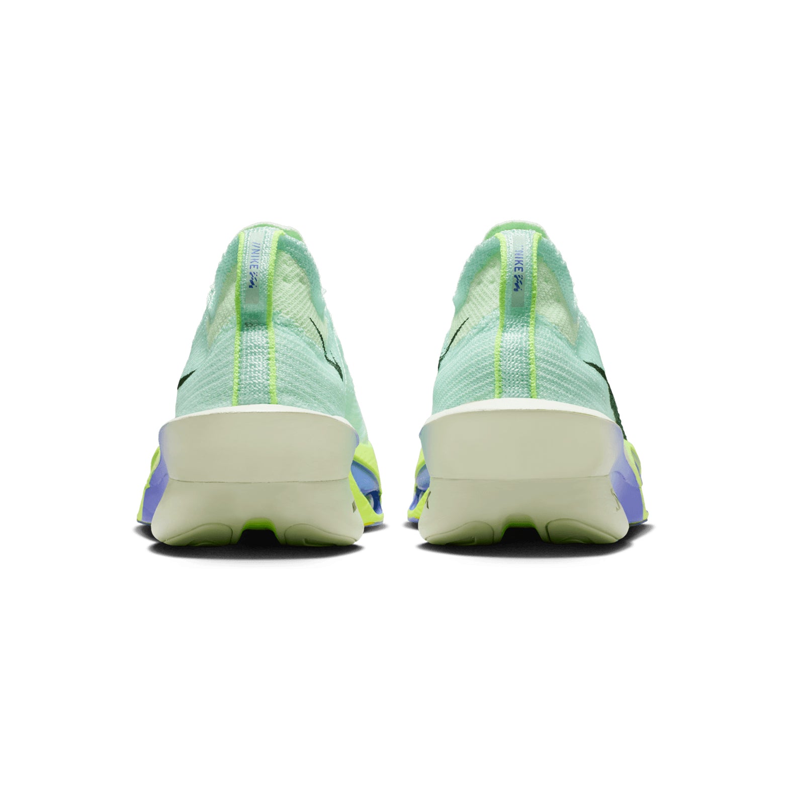 Nike Alphafly 3 men's running shoe in Barely Green / Volt Tint / Volt Ice / Black Spruce — heel view showing integrated knit tongue construction, black spruce heel detailing and volt ice dual forefoot Air Zoom ZoomX midsole contrast