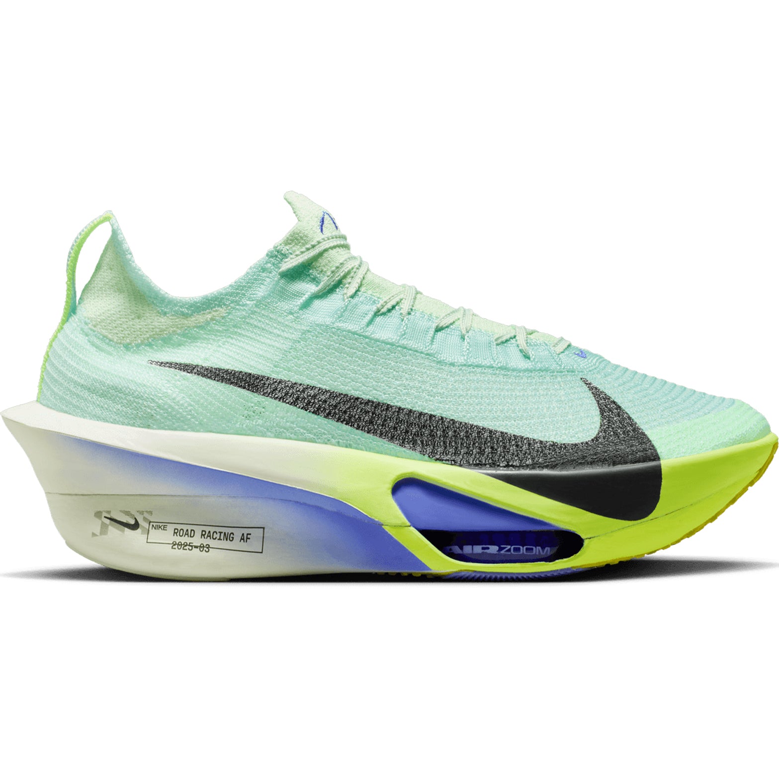 Nike Alphafly 3 men's running shoe in Barely Green / Volt Tint / Volt Ice / Black Spruce — outer view showing barely green Atomknit upper with volt tint and volt ice accent detailing, black spruce contrast and dual forefoot Air Zoom ZoomX midsole profile