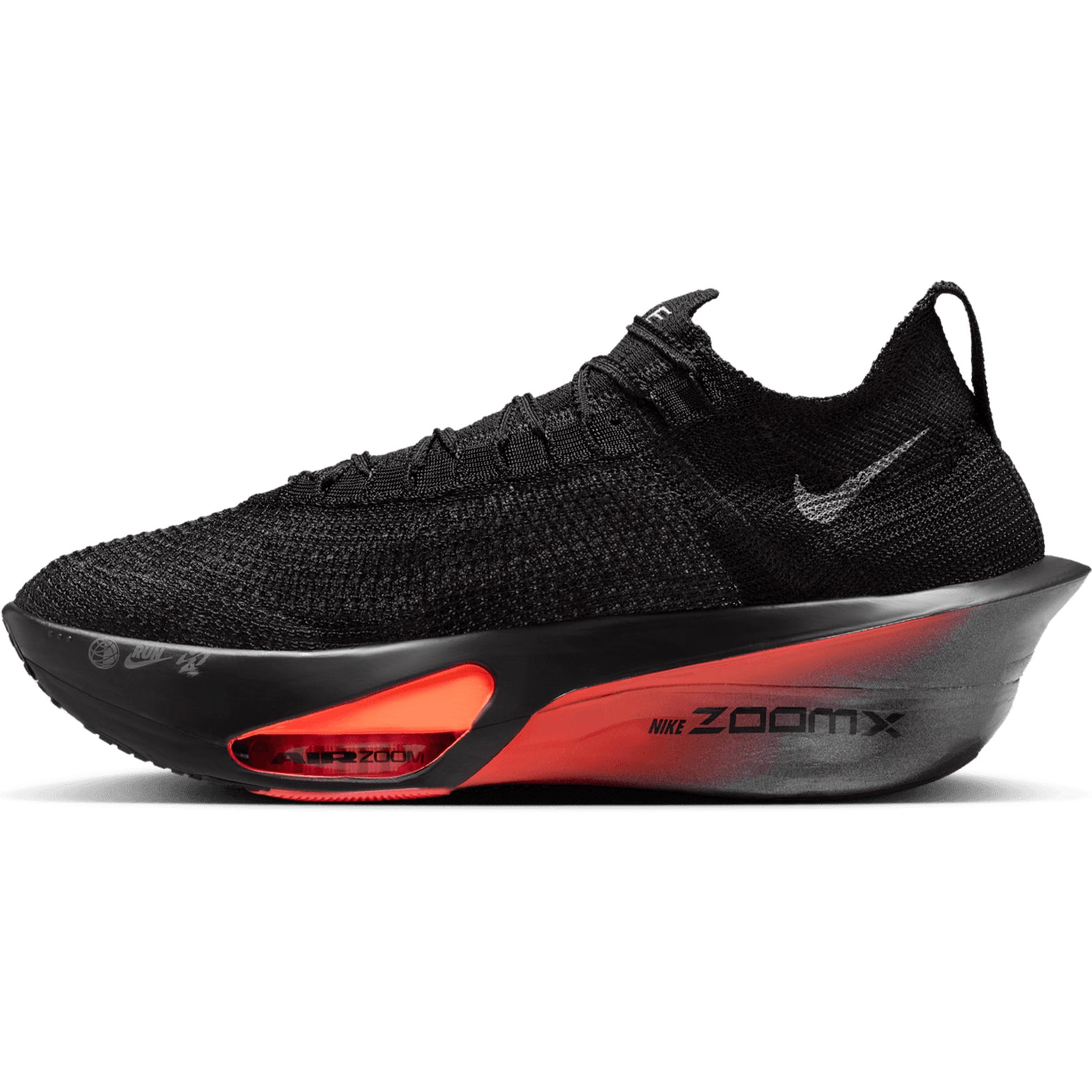 Men's Nike Alphafly 3 Running Shoes Black Bright Crimson Wolf Grey Metallic Silver inner side view showing ZoomX foam cushioning with carbon plate technology for marathon racing
