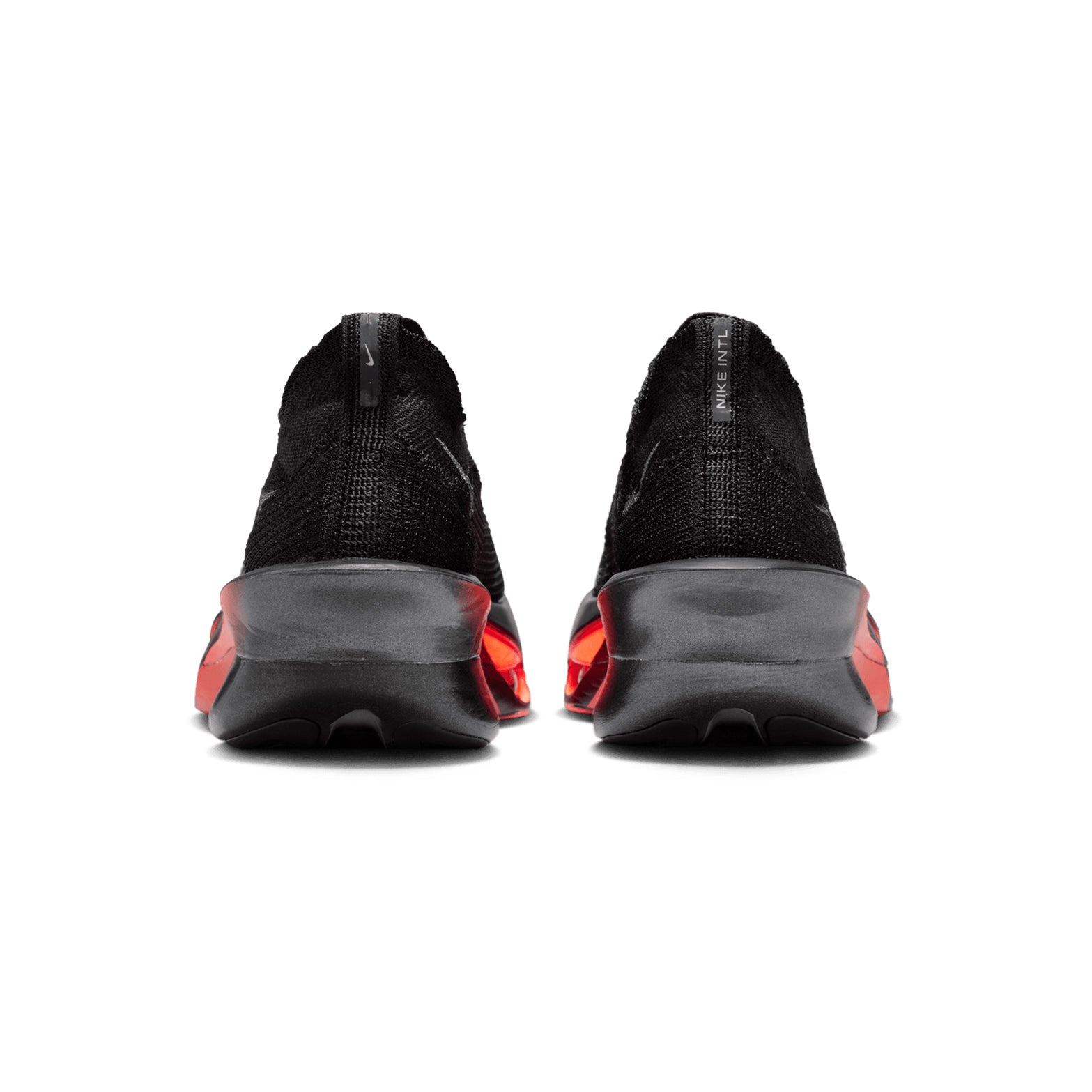 Men's Nike Alphafly 3 Running Shoes Black Bright Crimson Wolf Grey Metallic Silver heel view showing dual Air Zoom units with ZoomX foam stack and carbon fibre plate for elite marathon racing