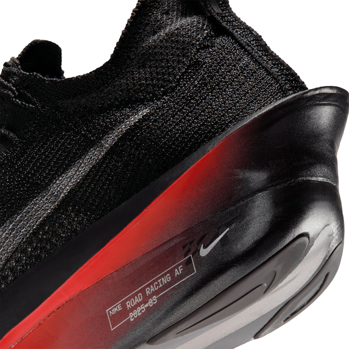 Men's Nike Alphafly 3 Running Shoes Black Bright Crimson Wolf Grey Metallic Silver angled side and heel view showing carbon-plated racing construction with dual Air Zoom and ZoomX foam platform for world-class marathon performance