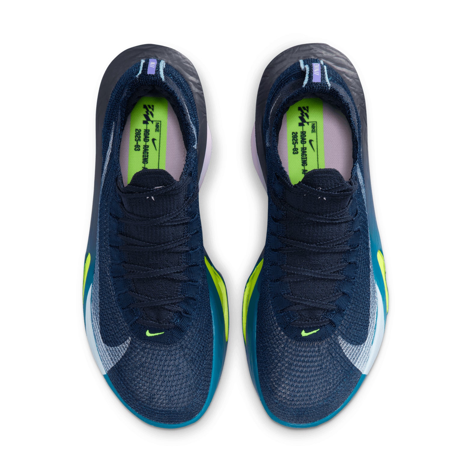 Nike Alphafly 3 men's running shoe in Obsidian / Doll / Persian Violet / White — top-down view showing obsidian Atomknit upper with multidirectional containment, notched lace system and persian violet accent detailing