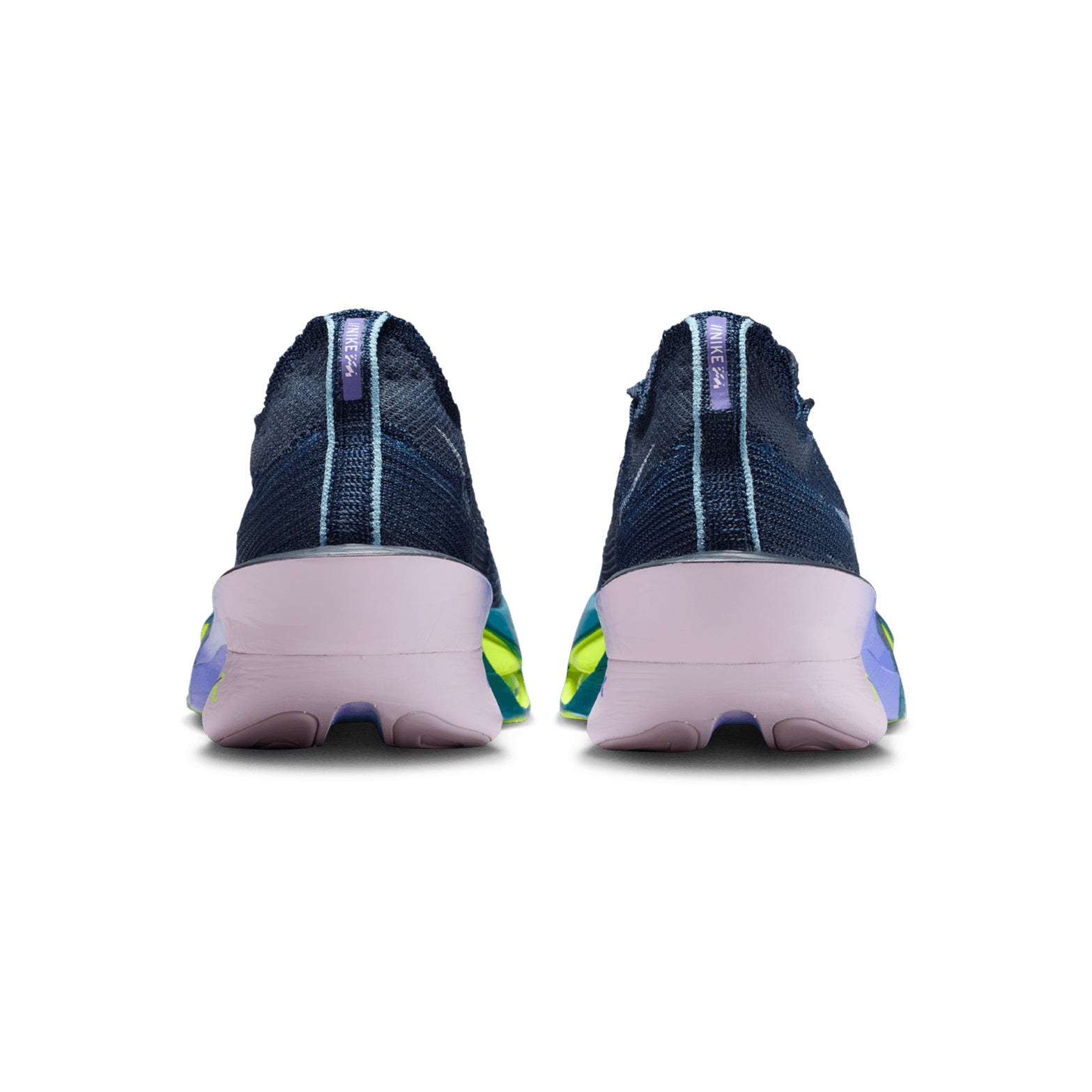 Nike Alphafly 3 men's running shoe in Obsidian / Doll / Persian Violet / White — heel view showing integrated knit tongue construction, white heel detailing and doll dual forefoot Air Zoom ZoomX midsole contrast