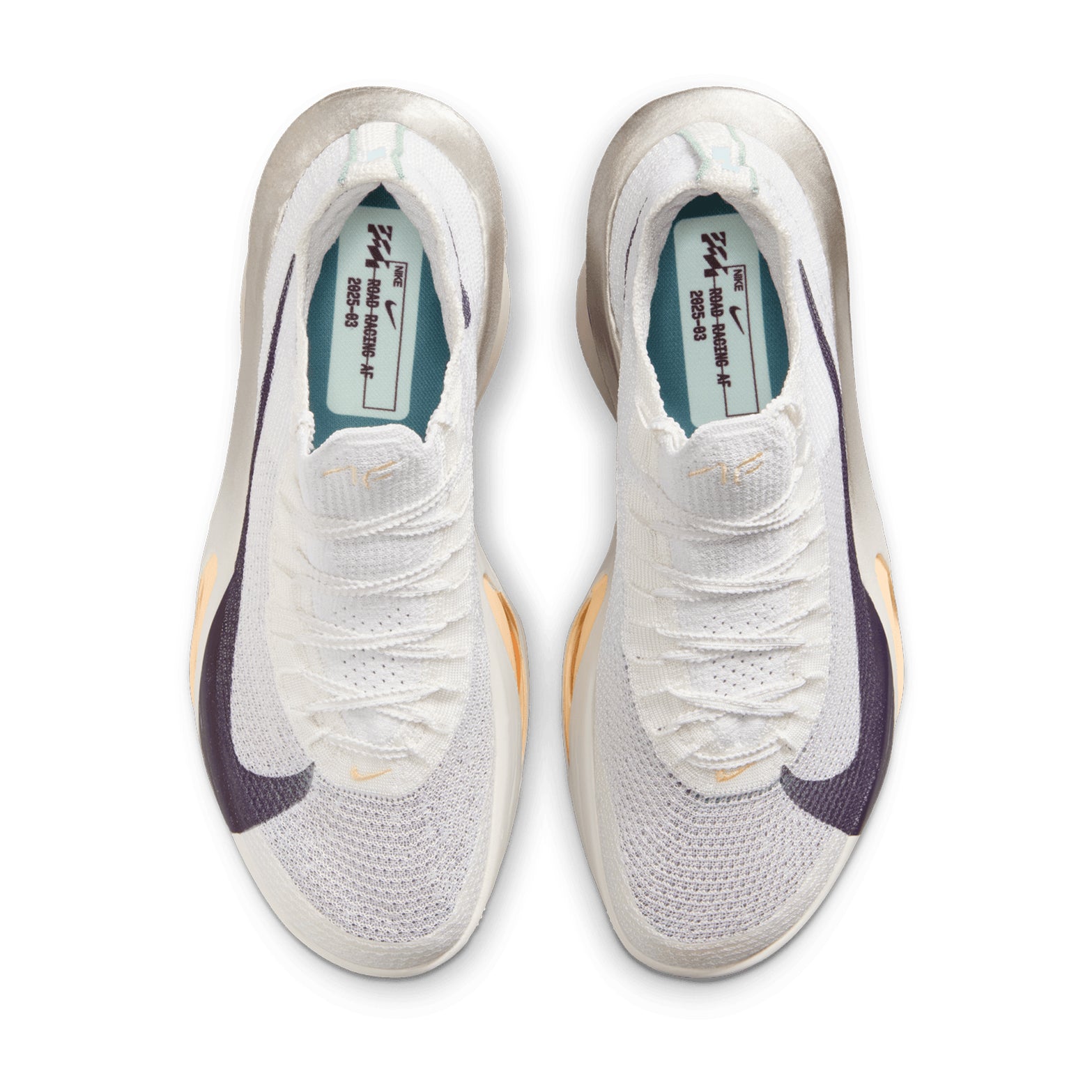 Men's Nike Alphafly 3 Running Shoes Platinum Tint Ocean Cube Purple Dynasty top view showing lightweight Flyknit racing upper construction with carbon-plated super shoe design