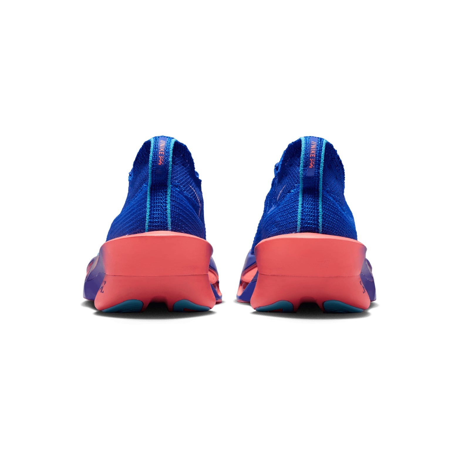 Men's Nike Alphafly 3 Running Shoes Racer Blue Atomic Pink Indigo Burst White heel view showing maximum ZoomX foam stack with Air Zoom pods and full-length carbon fibre plate for marathon racing performance