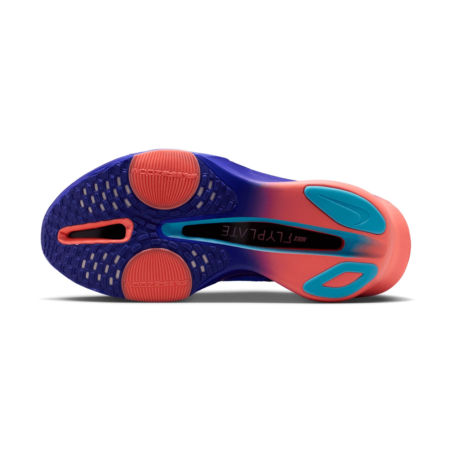 Men's Nike Alphafly 3 Running Shoes Racer Blue Atomic Pink Indigo Burst White sole view displaying lightweight outsole with dual Air Zoom units, ZoomX foam and carbon plate for competitive racing