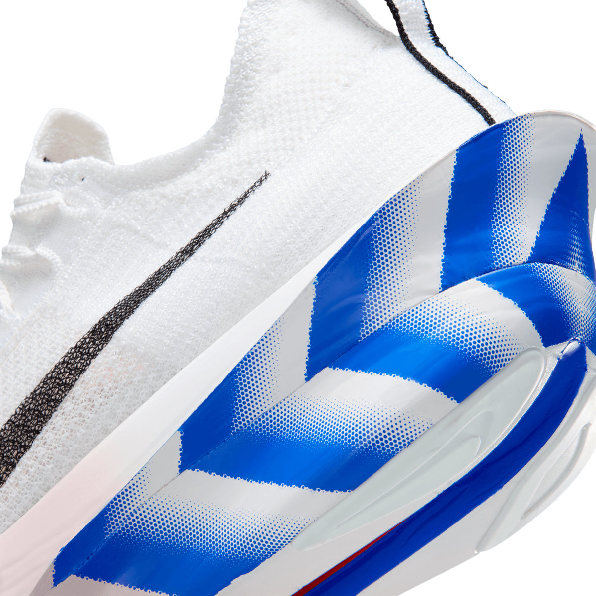 Nike Alphafly 3 men's running shoe in White / Platinum Violet / Silt Red / Black — angled side view showing white Atomknit upper with silt red detailing, full-length carbon fiber plate geometry and platinum violet fully connected ZoomX foam midsole stack