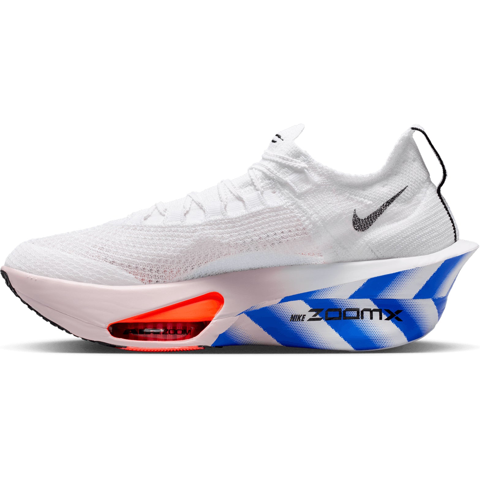 Nike Alphafly 3 men's running shoe in White / Platinum Violet / Silt Red / Black — inner view showing white Atomknit upper, integrated knit tongue with lofted padding, platinum violet midsole detailing and carbon fiber plate construction