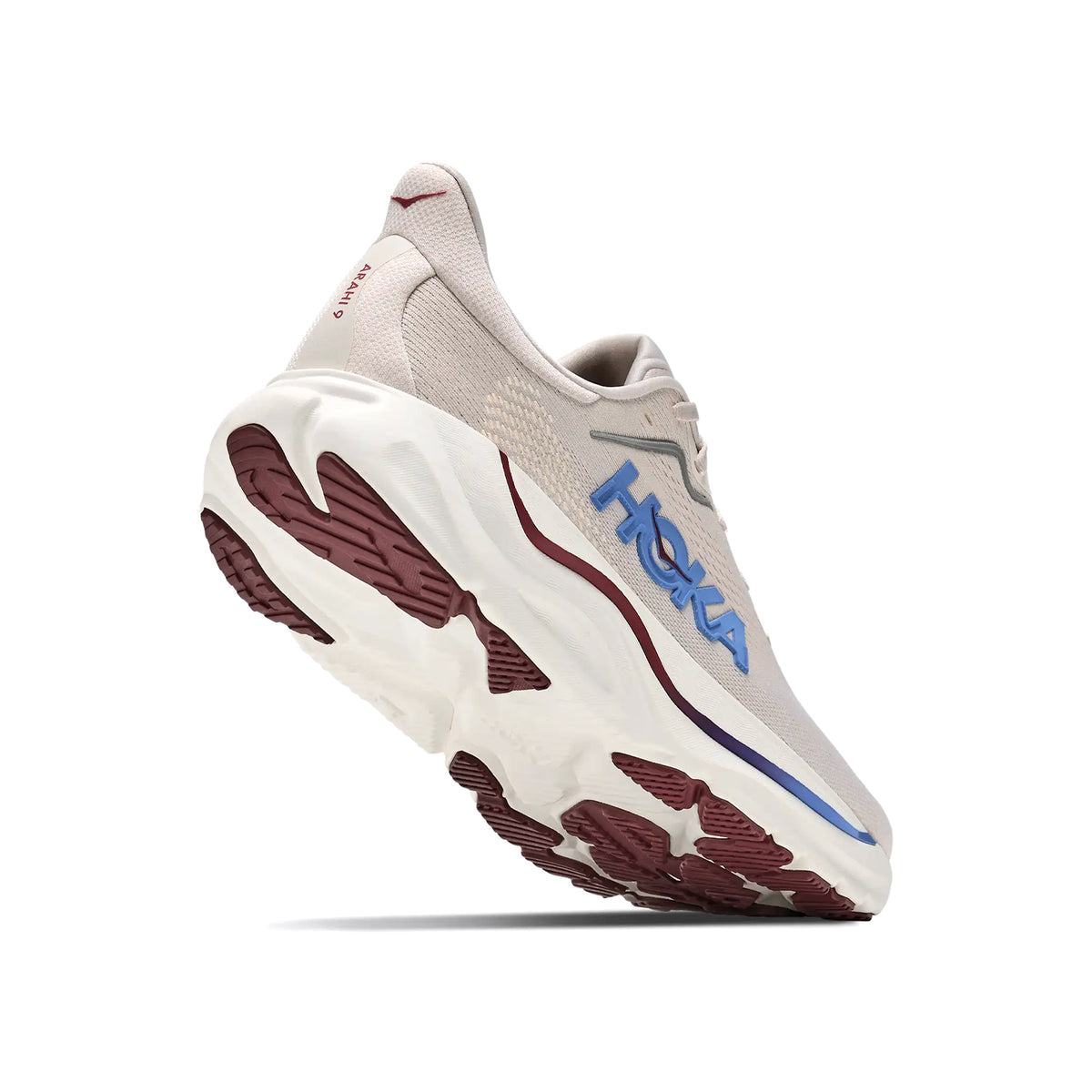 Men's HOKA Arahi 9 Running Shoes Stucco Grout angled side and heel view showing enhanced H-Frame stability system with dual-density EVA foam and super abrasion rubber outsole for plush cushioned daily stability running