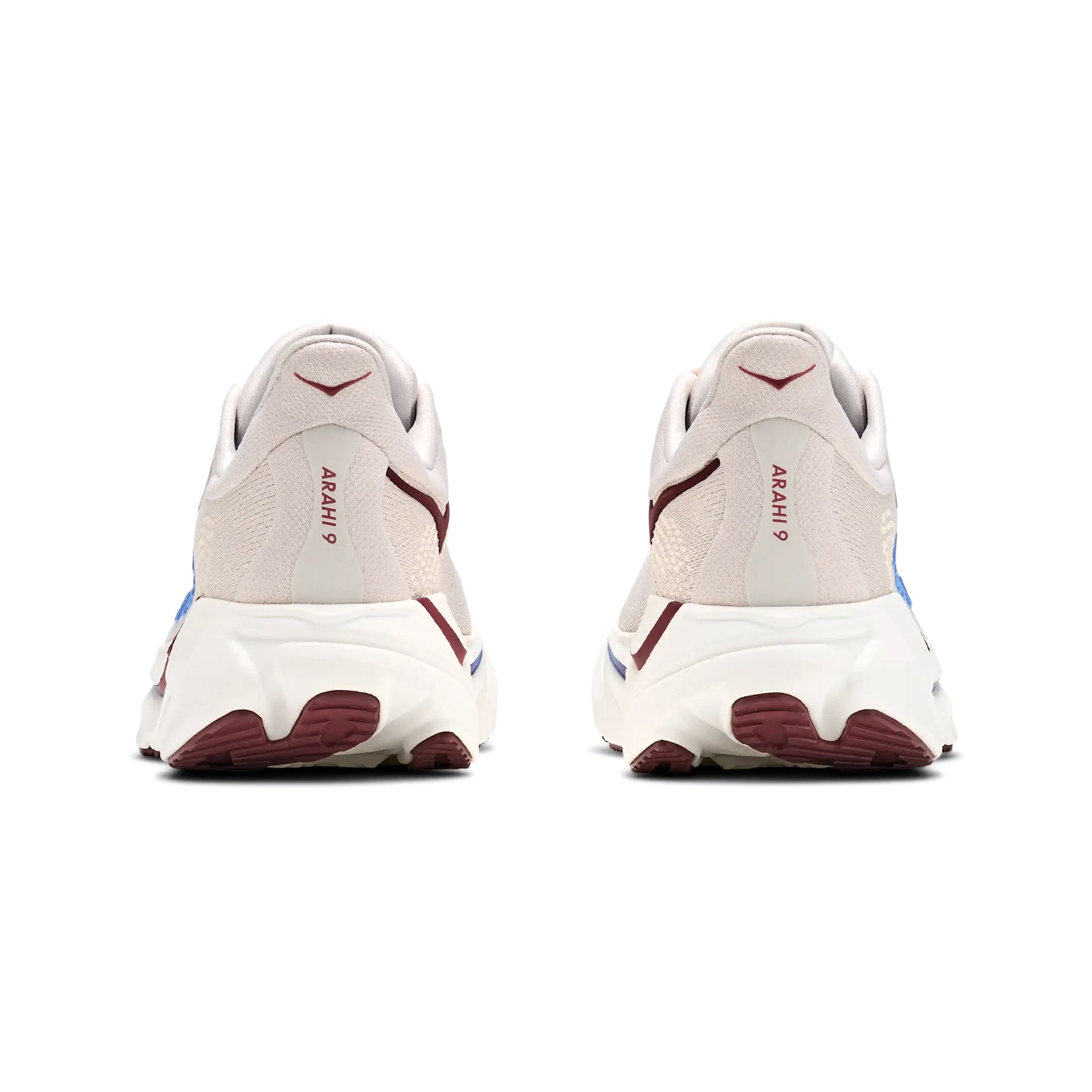 Men's HOKA Arahi 9 Running Shoes Stucco Grout heel view showing dual-density compression moulded EVA foam with H-Frame stability technology for cloud-like cushioning and overpronation control