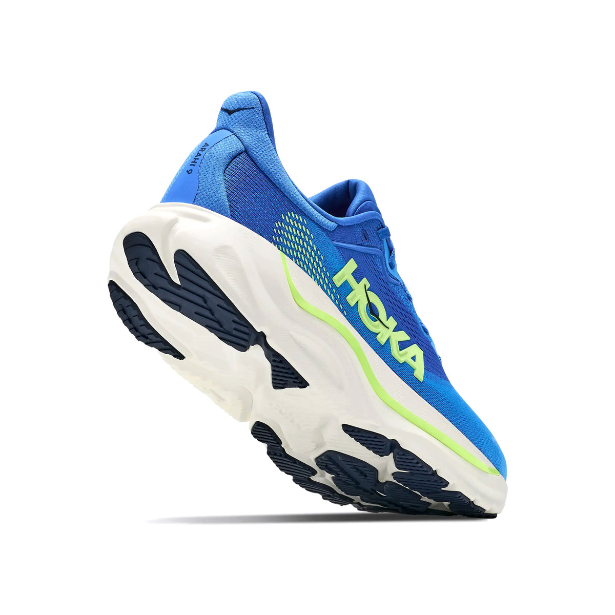 Men's HOKA Arahi 9 Running Shoes Virtual Blue Soft Cobalt angled side and heel view showing enhanced H-Frame stability system with dual-density EVA foam and super abrasion rubber outsole for plush cushioned daily stability running