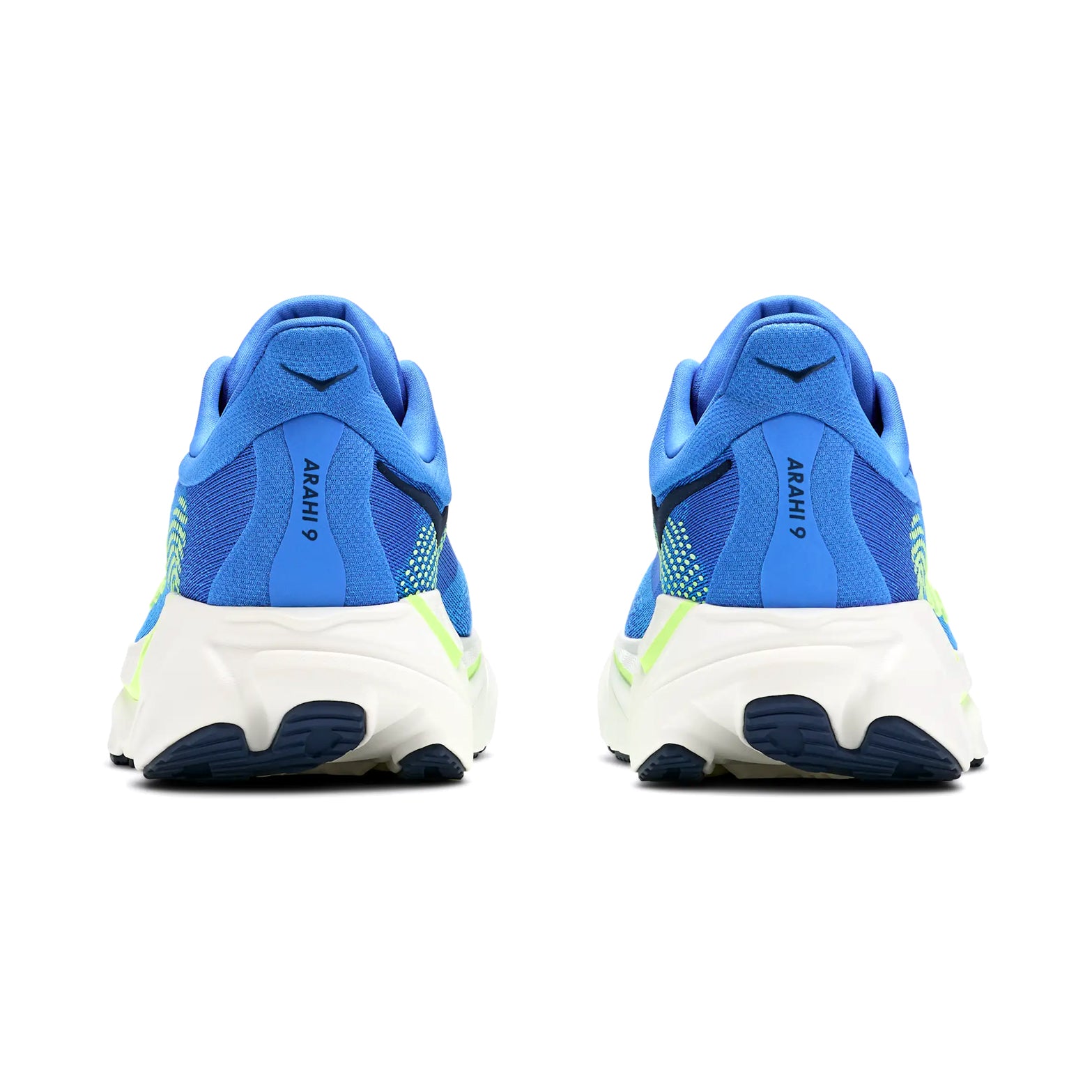 Men's HOKA Arahi 9 Running Shoes Virtual Blue Soft Cobalt heel view showing dual-density compression moulded EVA foam with H-Frame stability technology for cloud-like cushioning and overpronation control
