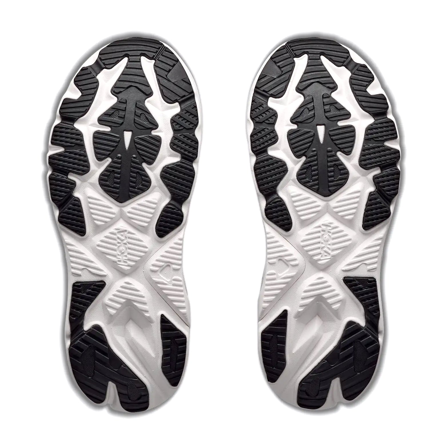 Men's HOKA Arahi 9 Wide Fit Running Shoes Black White sole view displaying super abrasion rubber outsole with podular design and wide fit platform for enhanced durability in high-wear zones