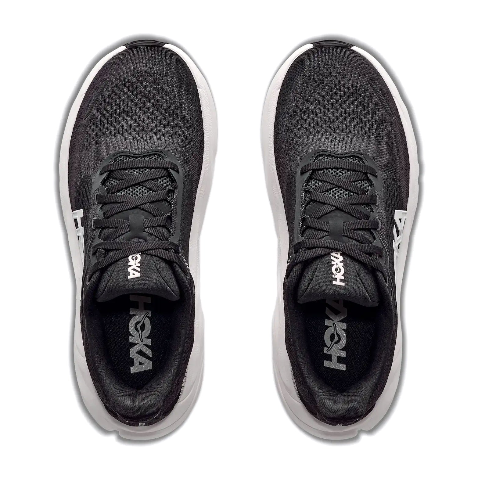 Men's HOKA Arahi 9 Wide Fit Running Shoes Black White top view showing engineered mesh upper with tighter medial support, wide fit design and haptic prints for stability running