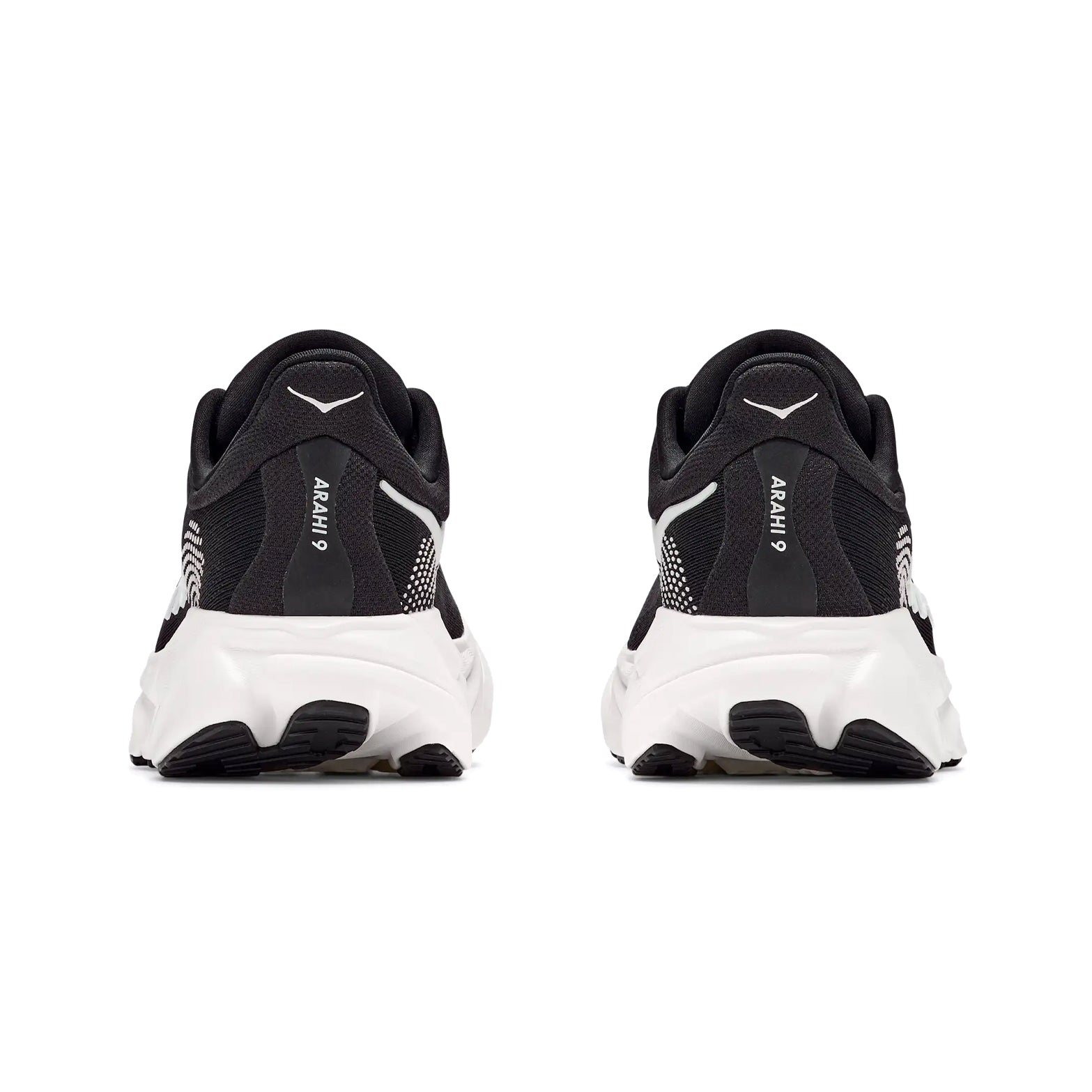 Men's HOKA Arahi 9 Wide Fit Running Shoes Black White heel view showing dual-density compression moulded EVA foam with H-Frame stability technology and wide fit construction for cloud-like cushioning