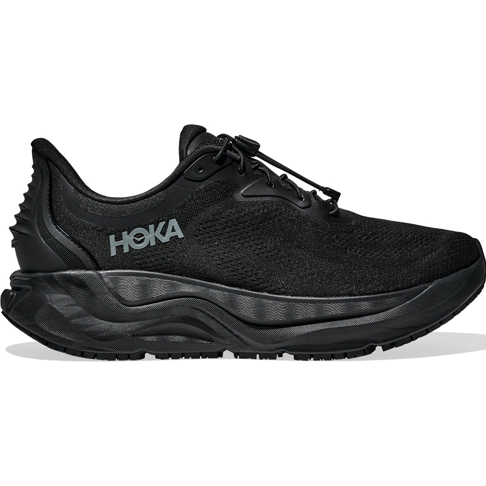 HOKA Arahi SR men's slip-resistant work shoes in Black - outer view showing enhanced H-Frame™ stability and breathable textile upper
