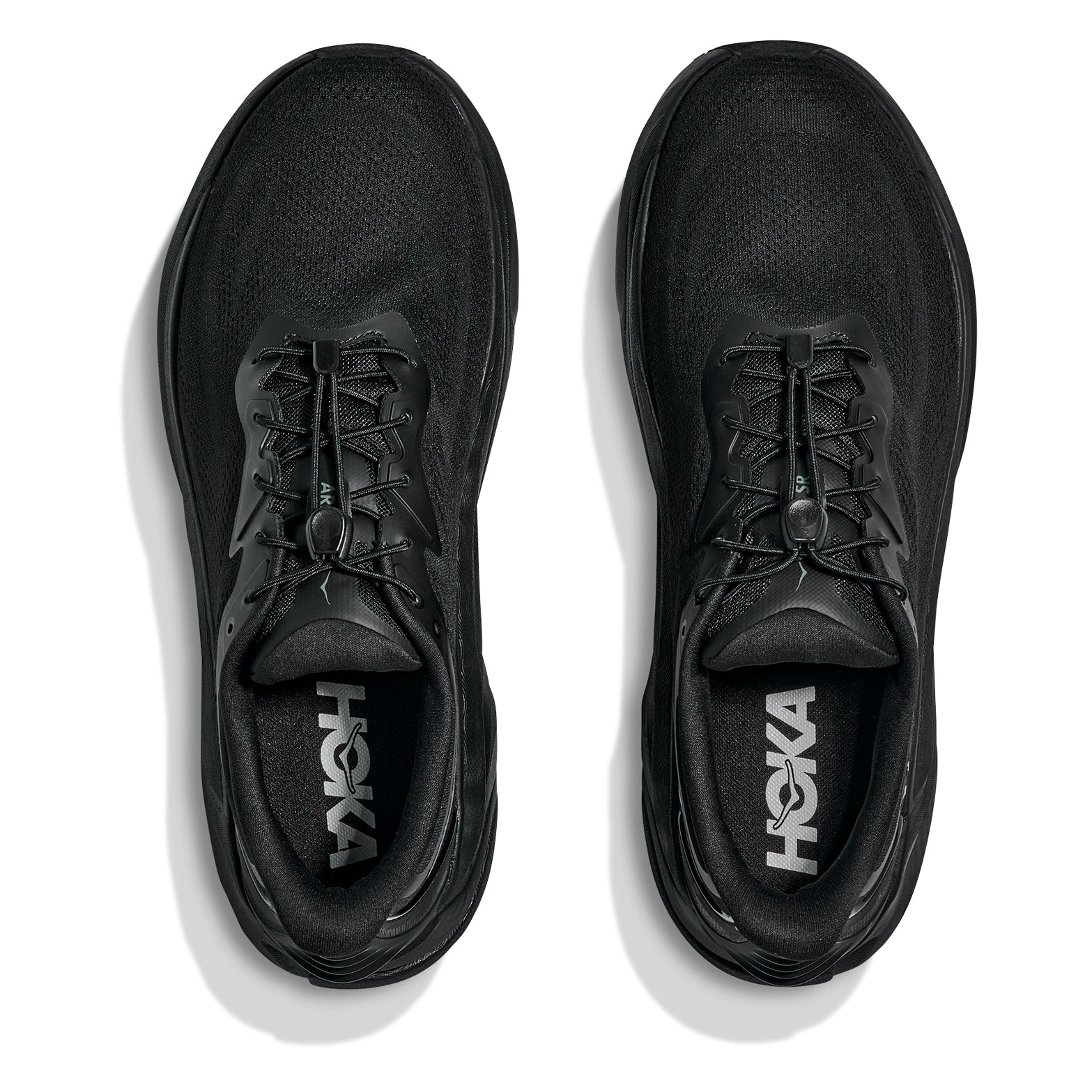 HOKA Arahi SR men's work shoes in Black - overhead view showing quick-lace system and water-repellent coated upper