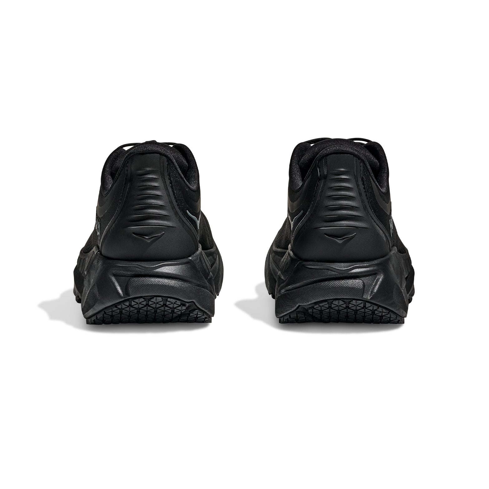 Men's HOKA Arahi SR slip-resistant shoes in Black - rear view displaying TPU Freedom step-in heel counter and stability design