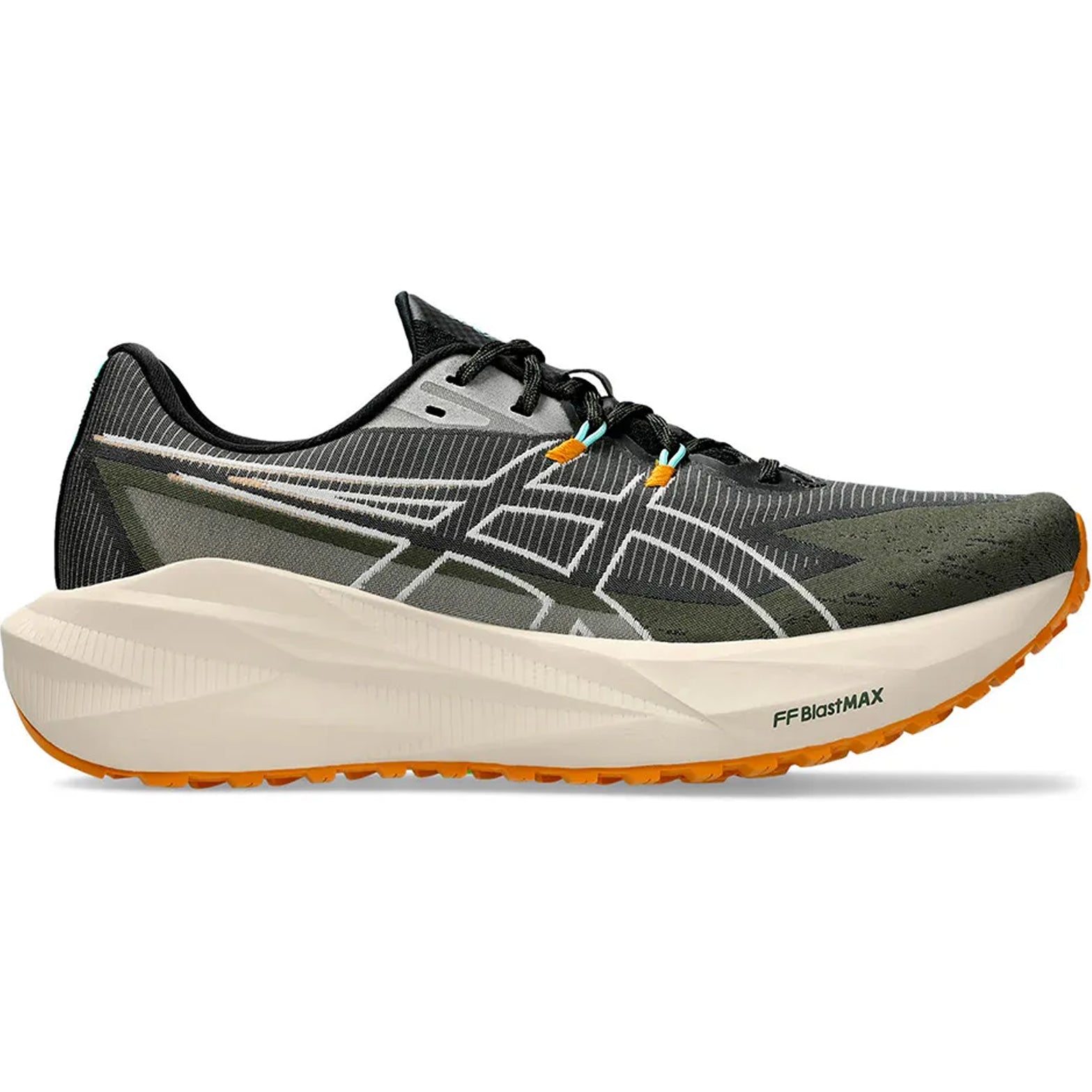 Men's ASICS Blazeblast Running Shoes Black Sandstorm outer side view showing FF BLAST MAX cushioning with forefoot trampoline pod and ASICSGRIP outsole for energetic bouncy trail running
