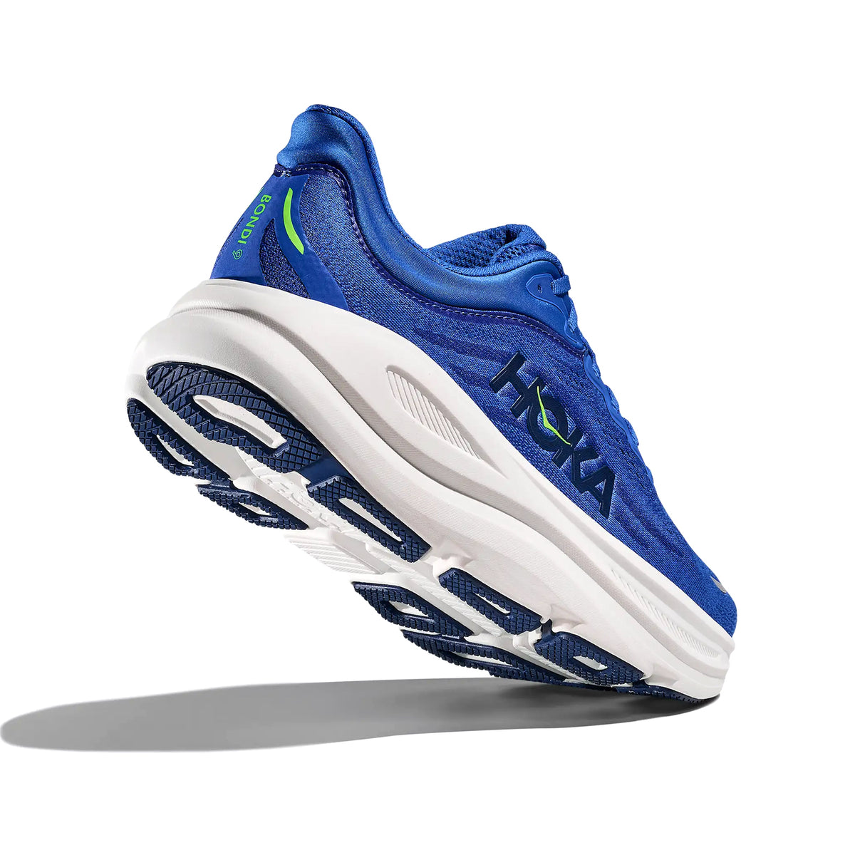 HOKA Bondi 9 men's running shoe in Cobalt Blue / Ultramarine — angled side view showing cobalt blue engineered mesh upper, smooth rocker geometry and ultramarine maximum cushioning midsole stack