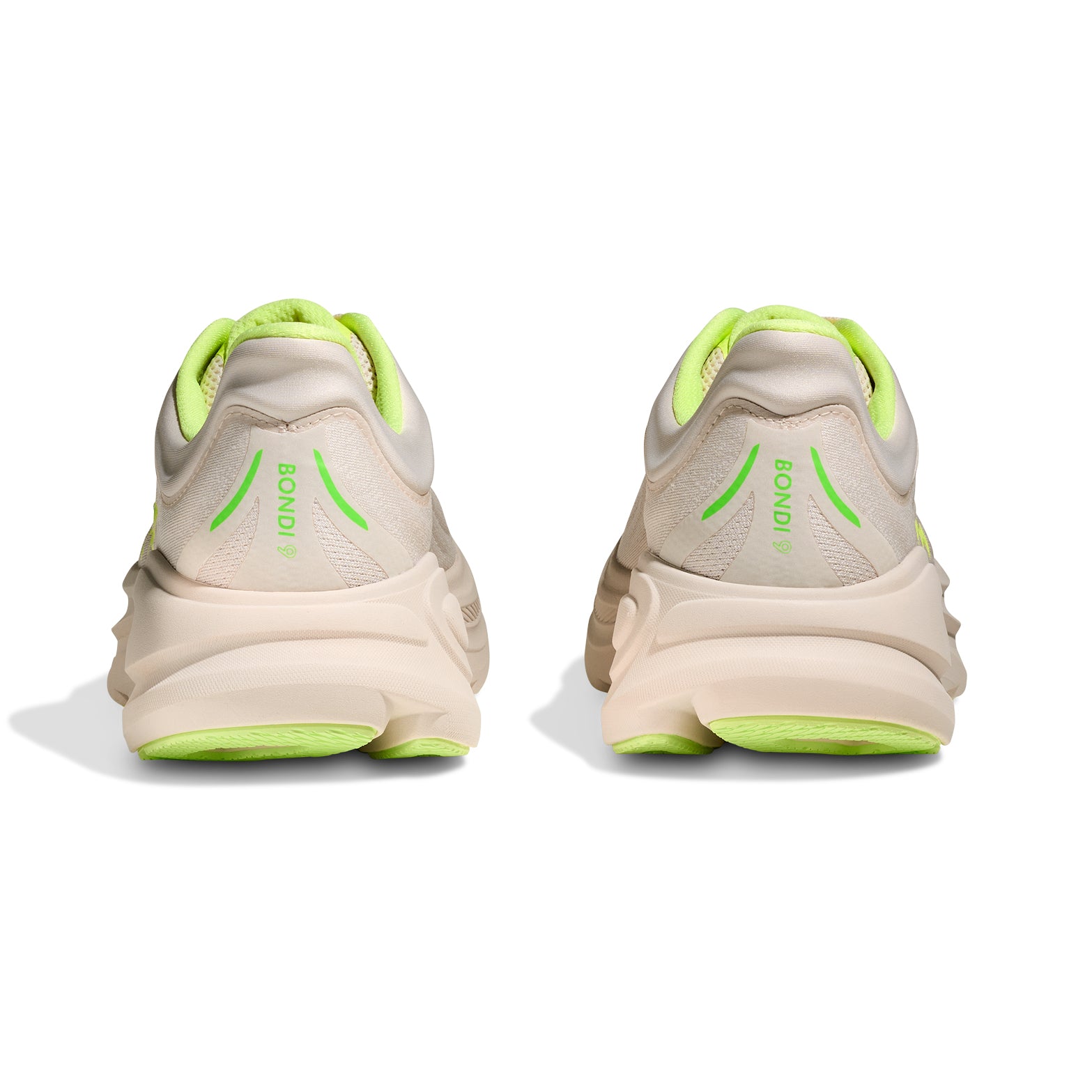 HOKA Bondi 9 men's running shoe in Grout / Neon Yuzu — heel view showing 3D moulded collar, extended heel pull tab and neon yuzu yellow midsole contrast