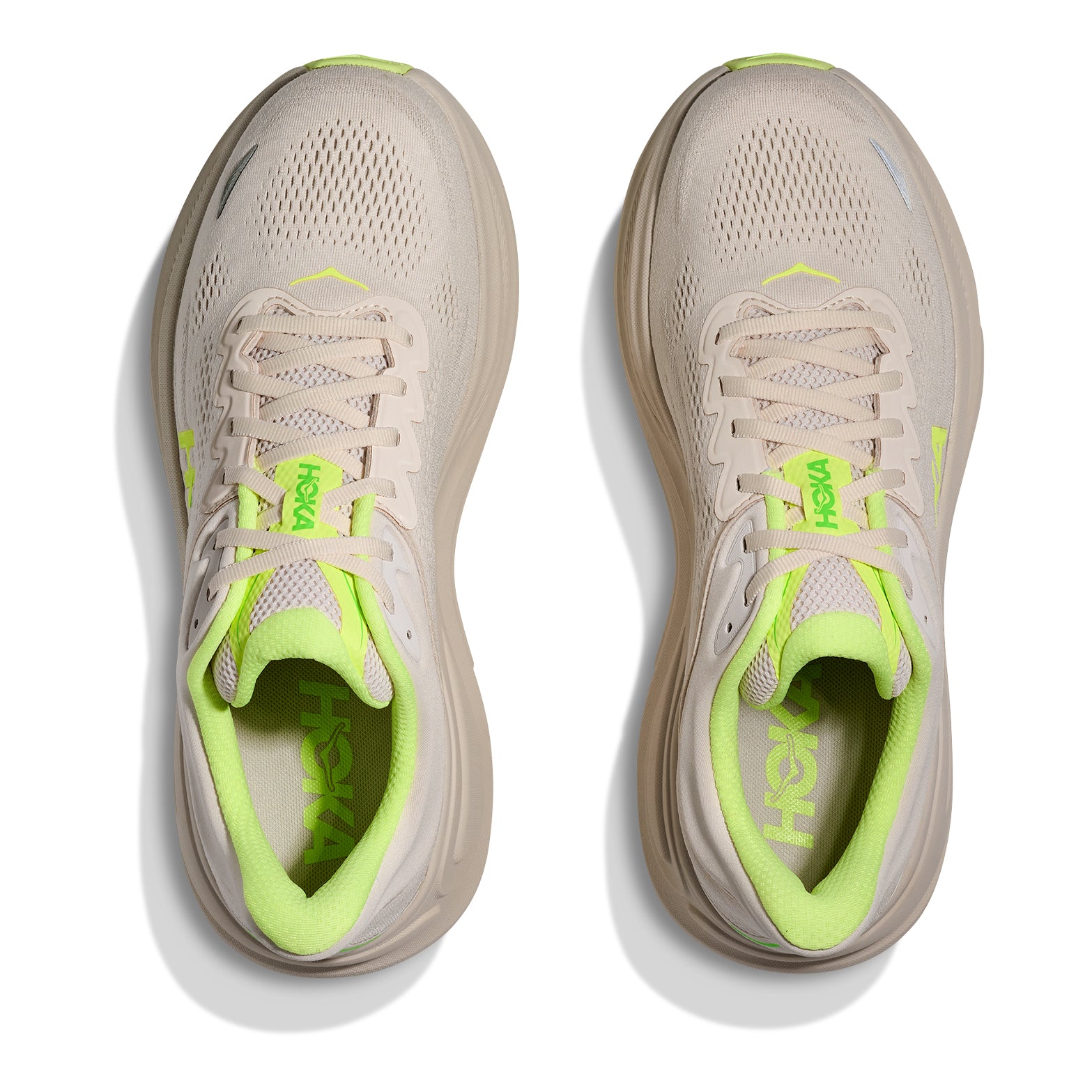 HOKA Bondi 9 men's running shoe in Grout / Neon Yuzu — top-down view showing grout grey structured knit upper with zonal breathability and extended heel pull tab