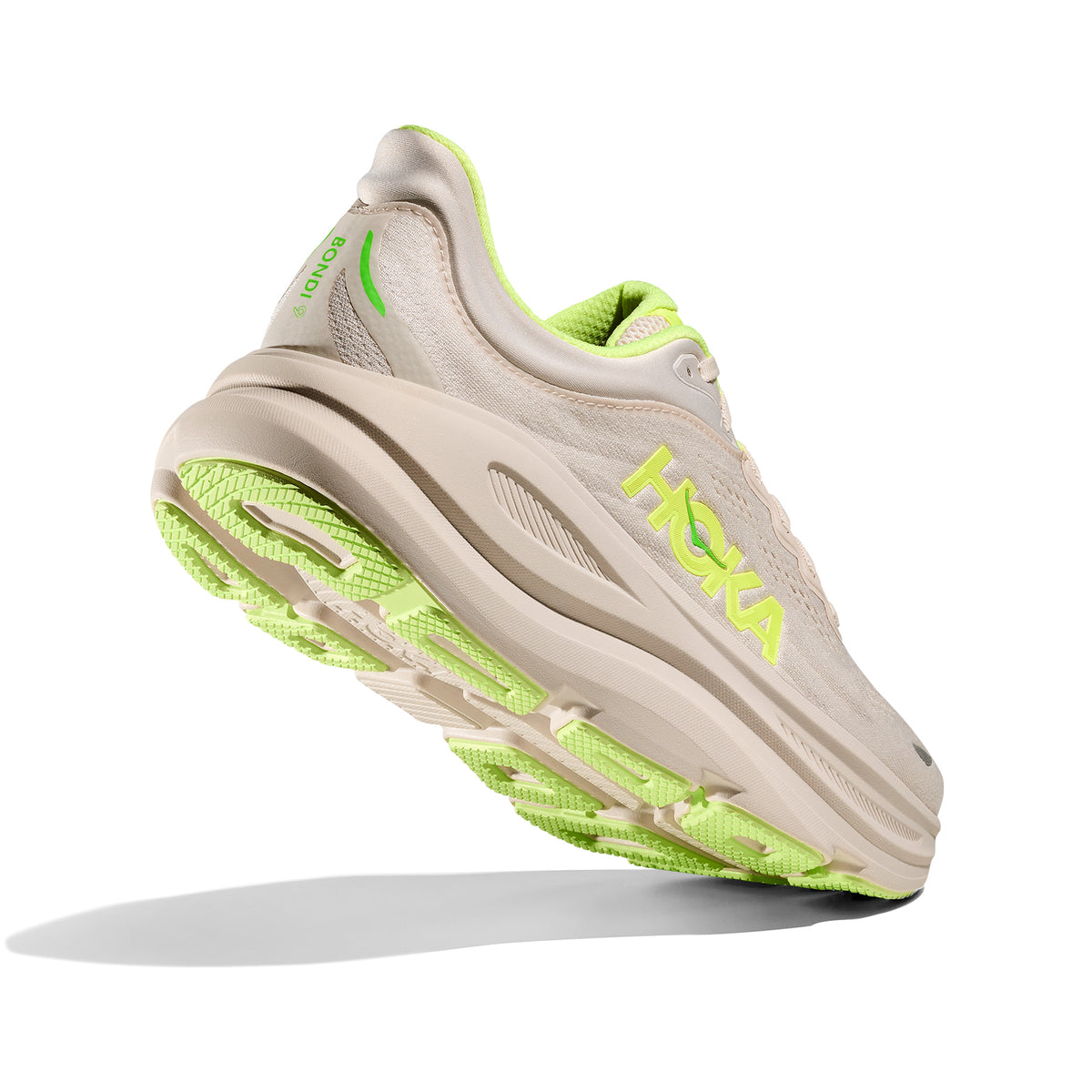 HOKA Bondi 9 men's running shoe in Grout / Neon Yuzu — inner view showing 3D moulded collar, Active Foot Frame heel construction and super critical EVA foam midsole