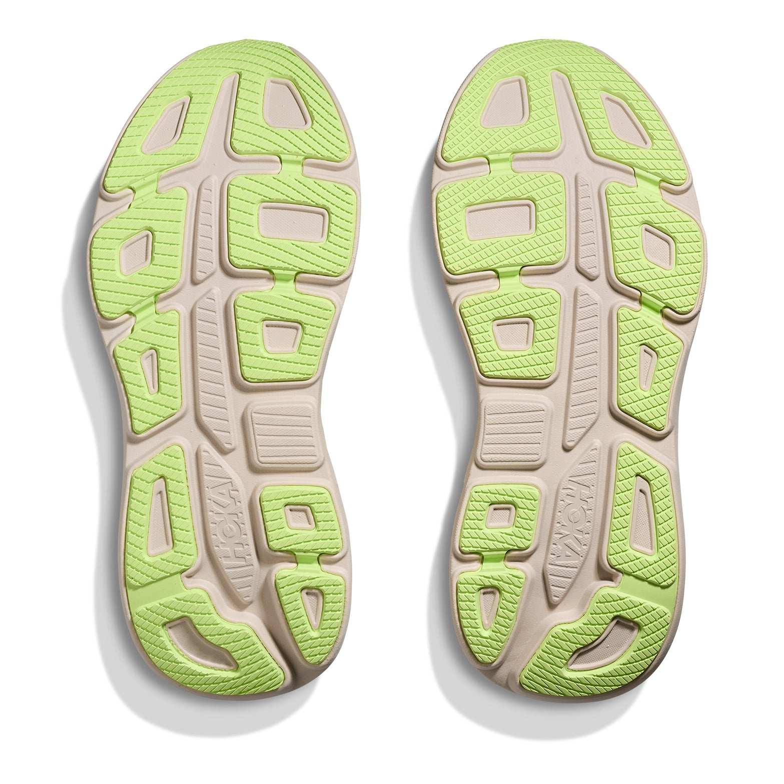 HOKA Bondi 9 men's running shoe in Grout / Neon Yuzu — outsole view showing Durabrasion rubber tread pattern and neon yuzu yellow midsole