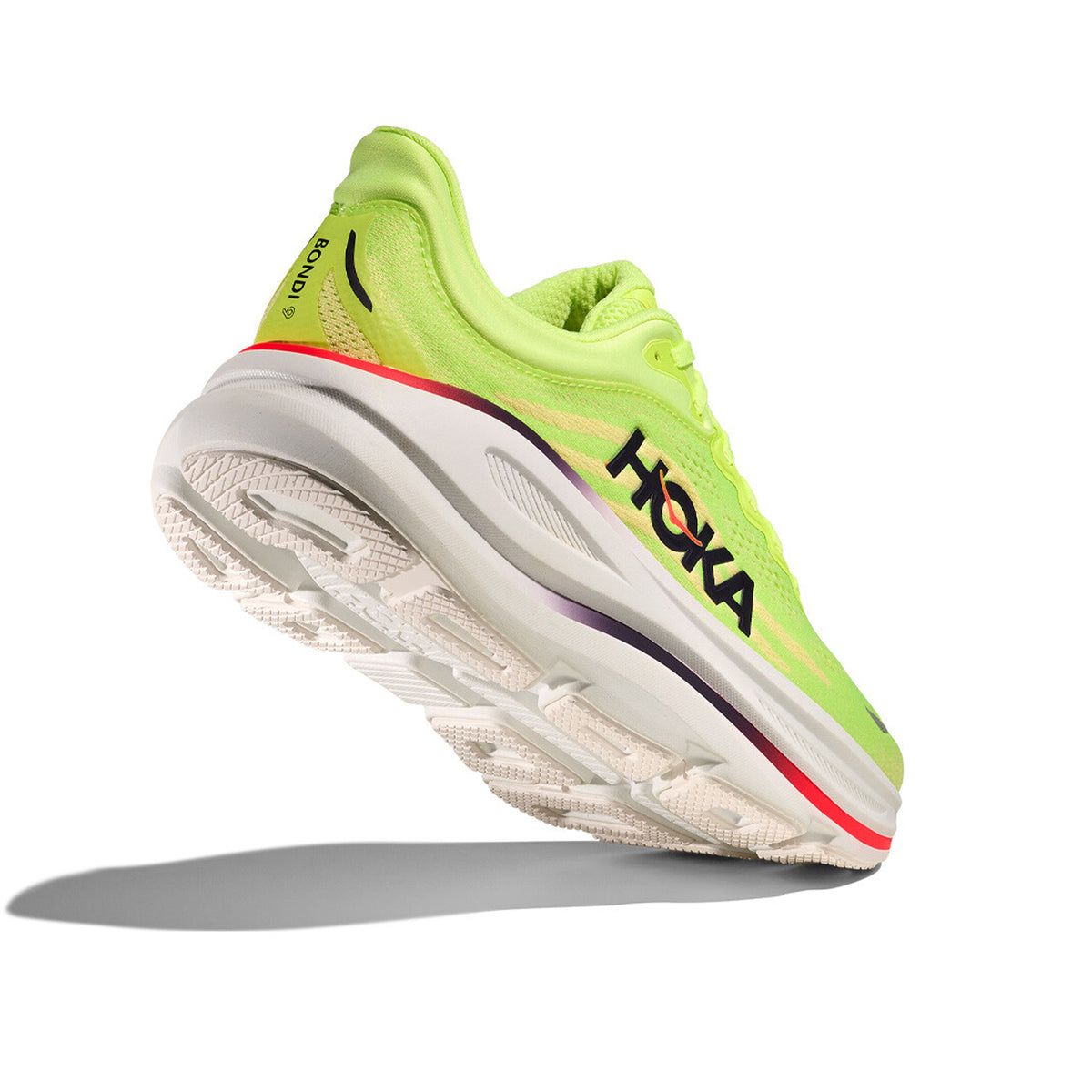 Men's HOKA Bondi 9 Running Shoes Neon Yuzu Sunlight angled side view showing super critically foamed EVA cushioning, MetaRocker geometry and reflective upper details