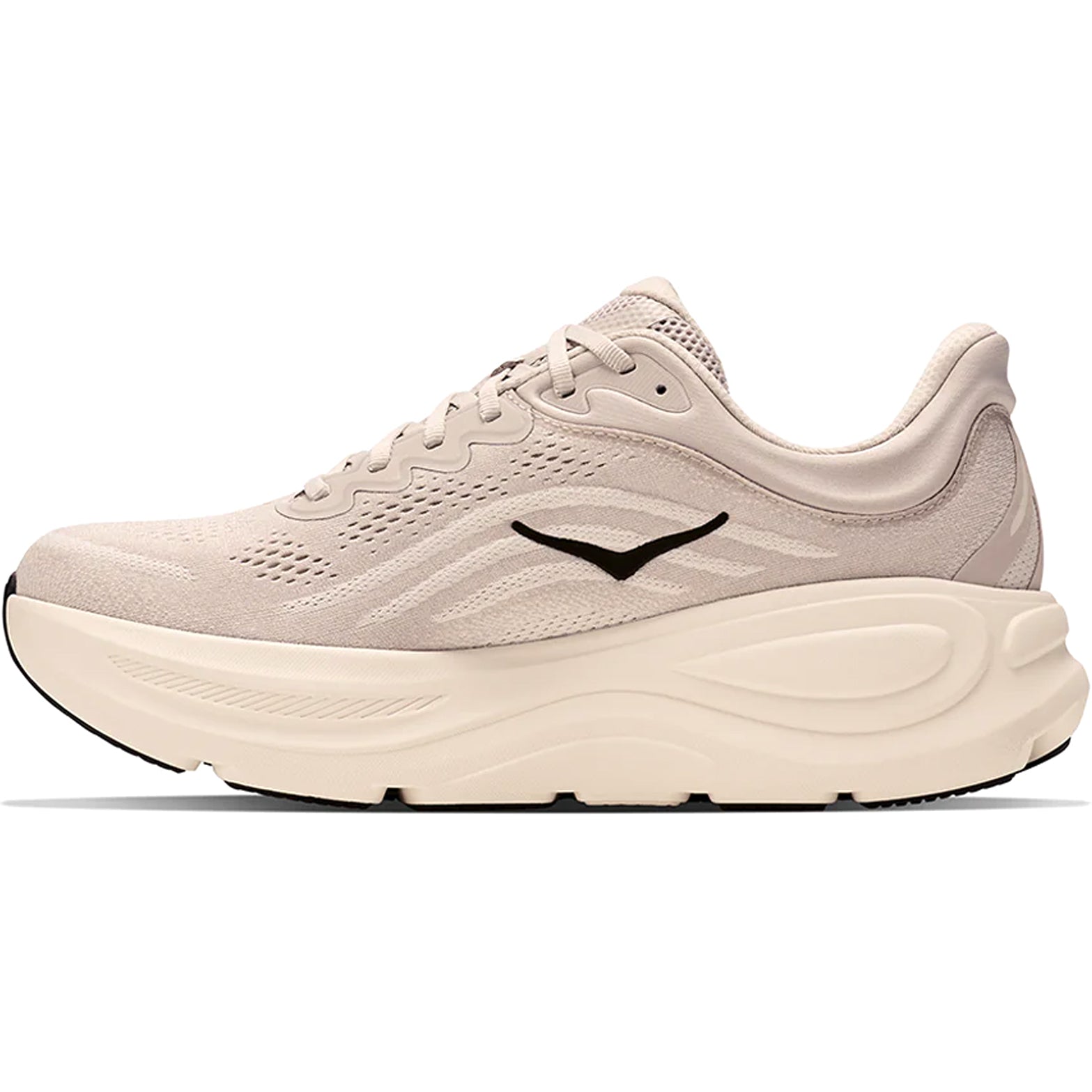 Men's HOKA Bondi 9 Running Shoes River Rock Grey Alabaster inner side view showing Active Foot Frame rearfoot stability with super critical EVA foam and moulded EVA sockliner for plush comfortable running