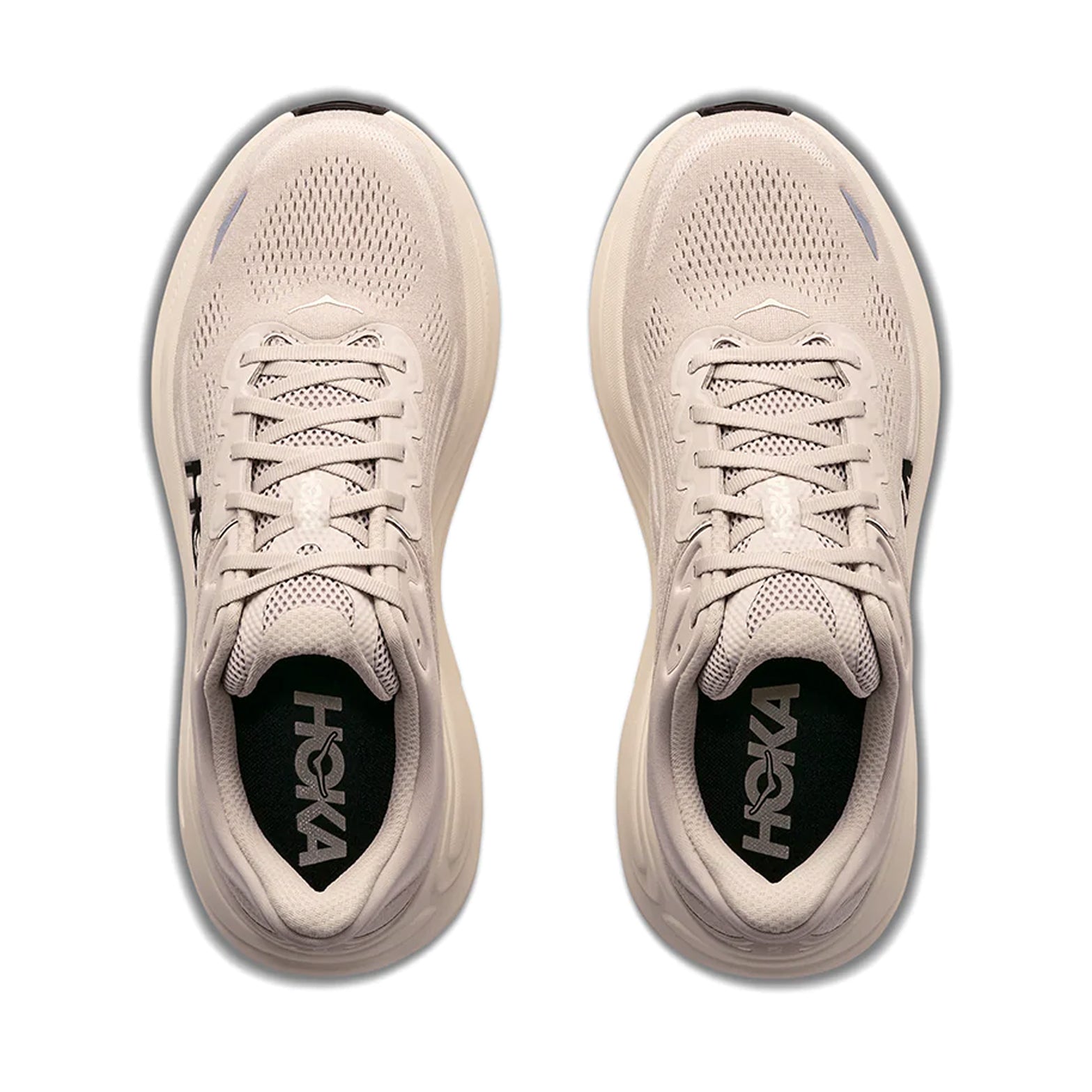 Men's HOKA Bondi 9 Running Shoes River Rock Grey Alabaster top view showing engineered mesh upper with 55% recycled polyester and reflective details for accommodating fit during daily running