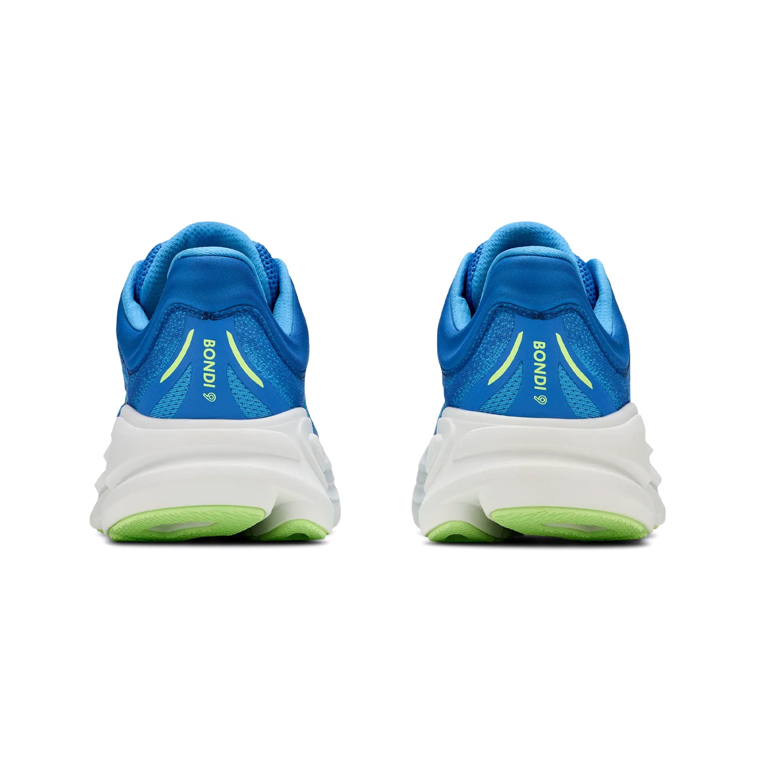 Men's HOKA Bondi 9 Wide Fit Running Shoes Virtual Blue Soft Cobalt heel view showing increased stack height with redesigned 3D moulded collar and extended heel pull for secure comfortable wide fit
