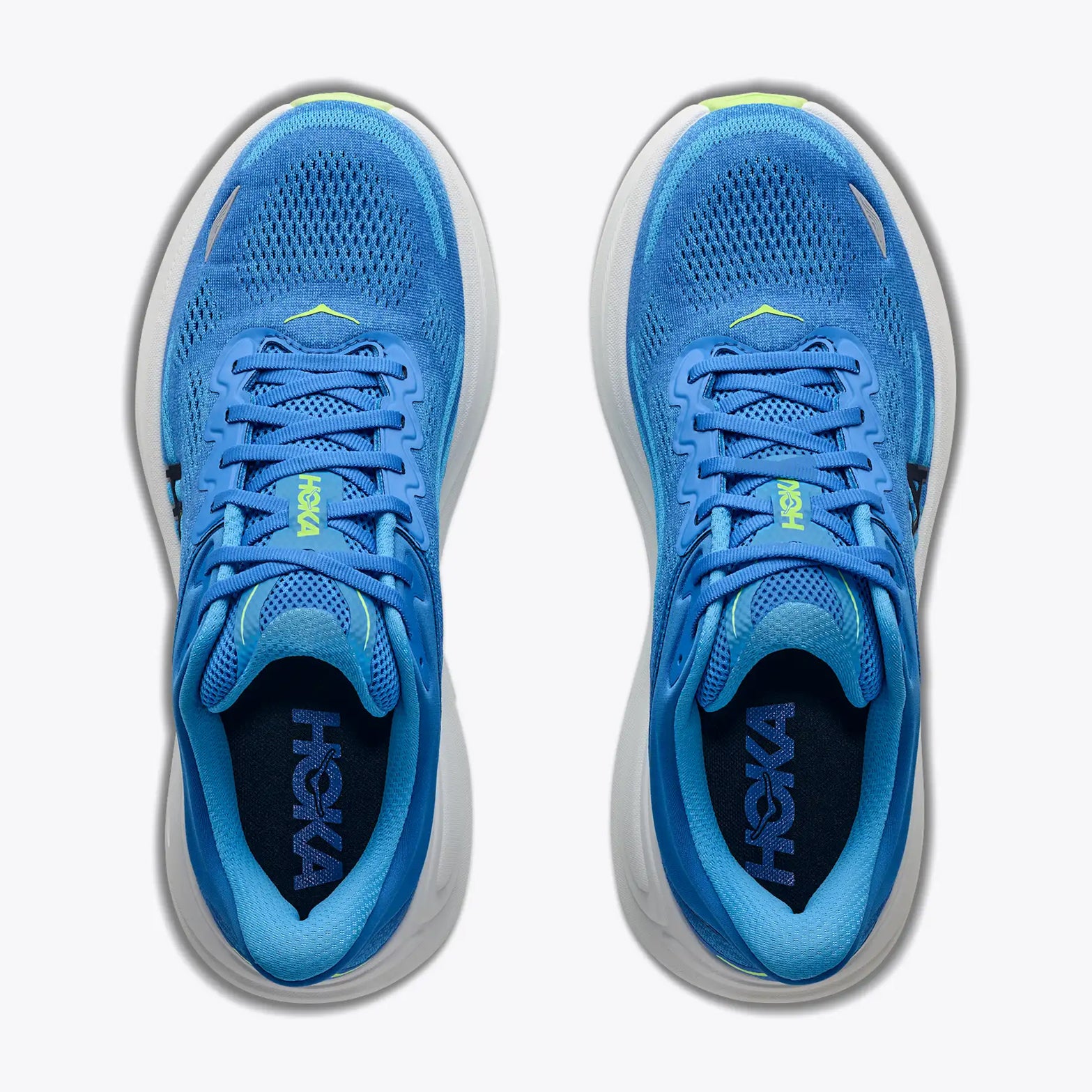 Men's HOKA Bondi 9 Wide Fit Running Shoes Virtual Blue Soft Cobalt top view showing engineered mesh upper with wide fit design and 55% recycled polyester for accommodating breathable daily running