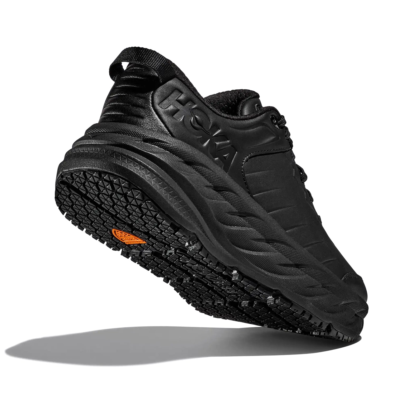 Men's HOKA Bondi SR Running Shoes Black Black heel view showing super critical foam maximum cushioning stack with slip-resistant construction