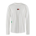 District Vision Men’s Boxy Training Top Lunar White Flame, a white long-sleeve crewneck athletic training top with a small red flame graphic on the chest and a small green tag on the lower side.