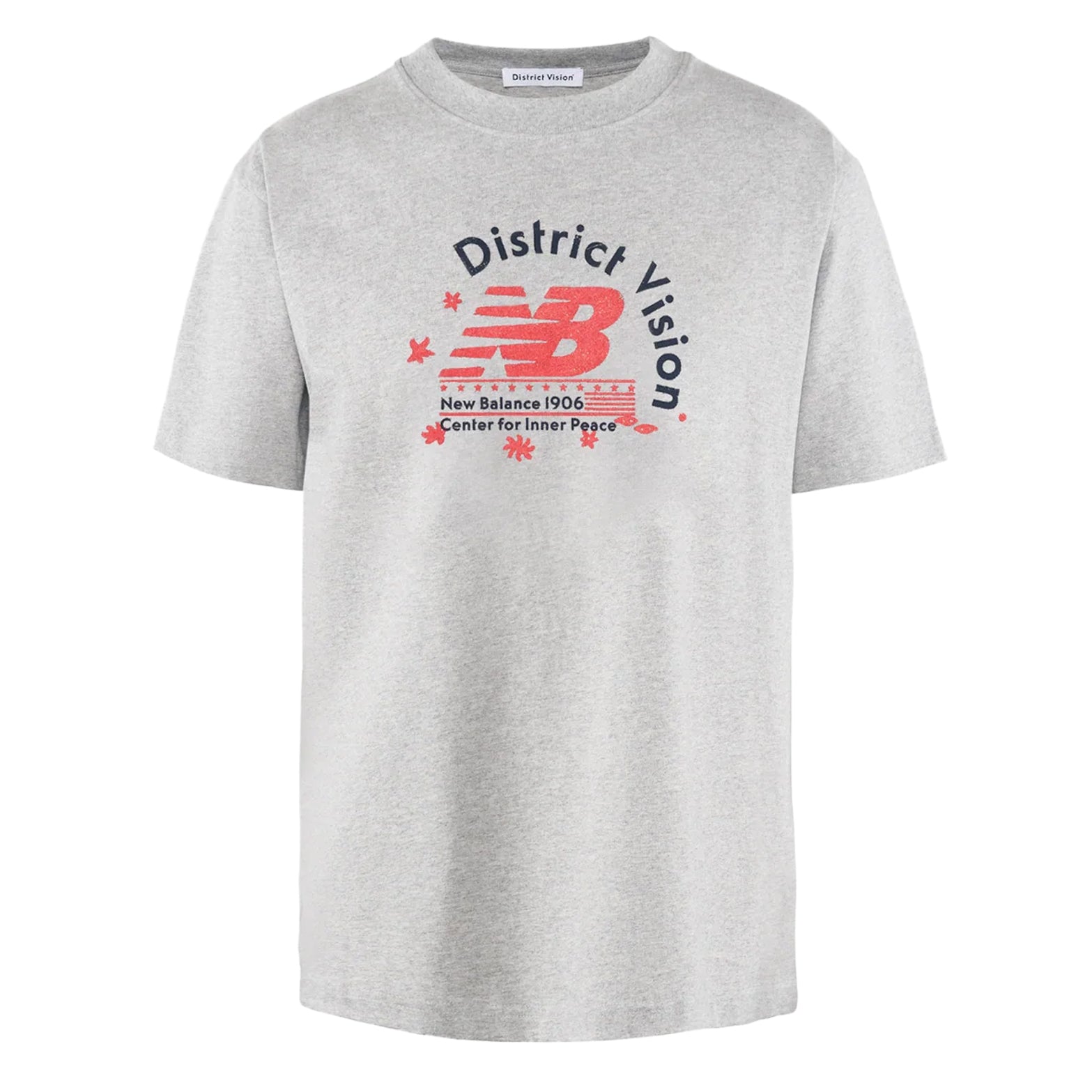 District Vision California Cotton Tee men's in NB Vintage Heather Grey — front product shot showing relaxed fit silhouette, NB graphic print and heather grey pigment dye stone wash cotton construction