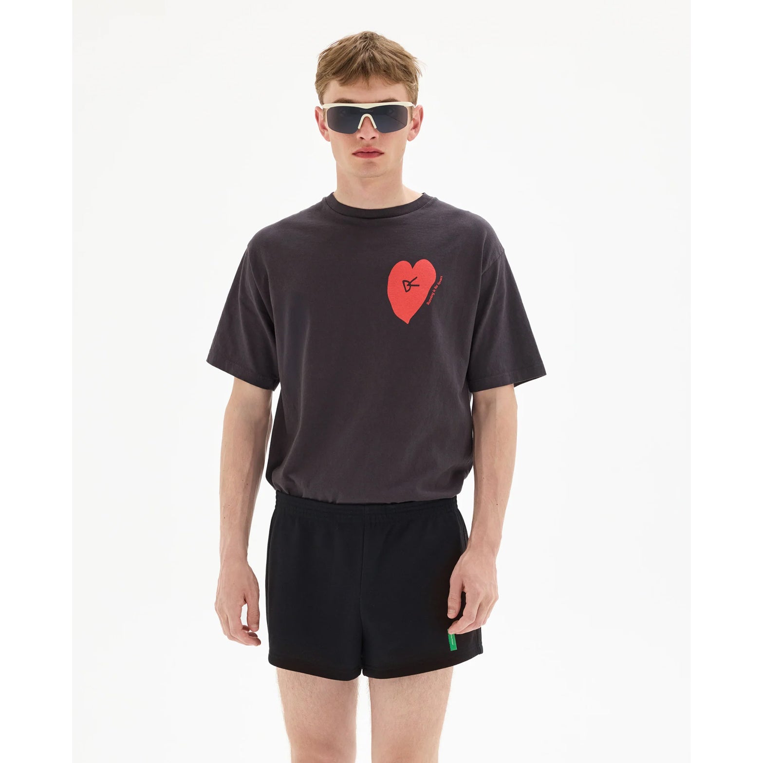 District Vision California Cotton Tee men's in Run in Love Vintage Black — front view worn on model showing relaxed fit, Run in Love graphic print and vintage black pigment dye stone wash cotton drape
