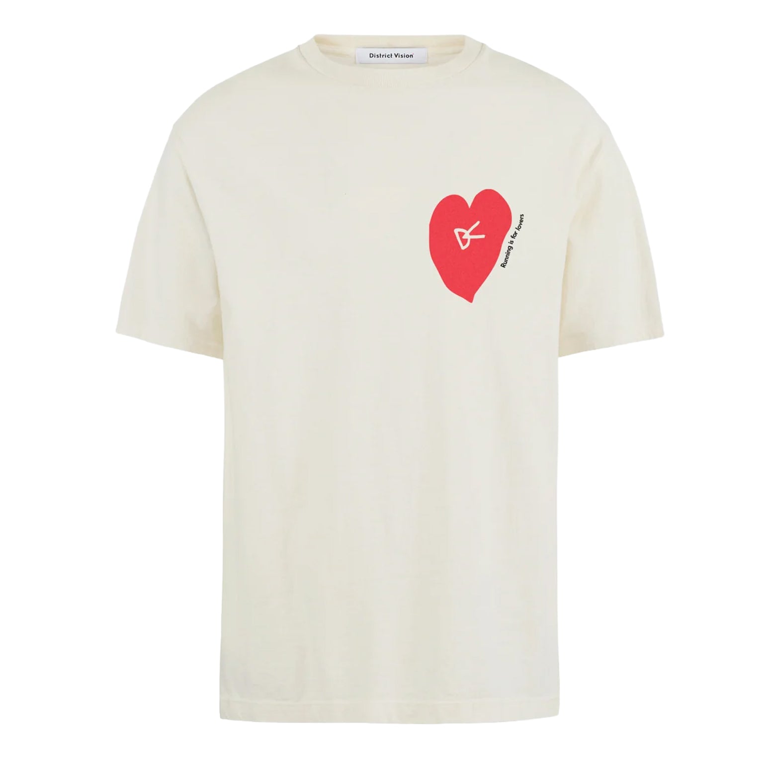 District Vision California Cotton Tee men's in Run in Love Vintage White — front product shot showing relaxed fit silhouette, Run in Love graphic print and vintage white pigment dye stone wash cotton construction