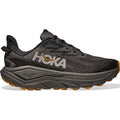 The Men’s Challenger 8 GORE-TEX Trail Running Shoes by Hoka, shown here in Asphalt Grey and Varsity Yellow, feature a cushioned, supportive sole and a breathable mesh upper. Displayed in side profile against a white background, these trail shoes blend black and gray tones with bold yellow accents.
