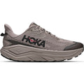 Men’s Challenger 8 GORE-TEX Trail Running Shoes in Pebble Grey / Boulder Grey, featuring a grey cushioned design with a thick, sculpted midsole and a lugged black outsole.